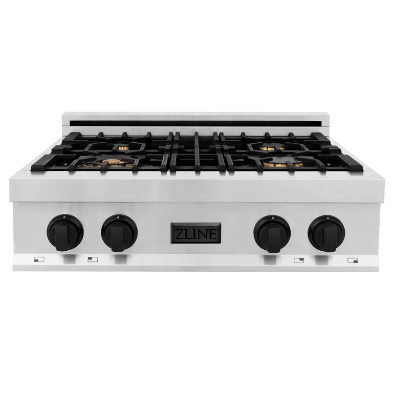ZLINE Autograph Edition 30 in. Porcelain Rangetop with 4 Gas Burners in Stainless Steel and Matte Black Accents, RTZ-30-MB