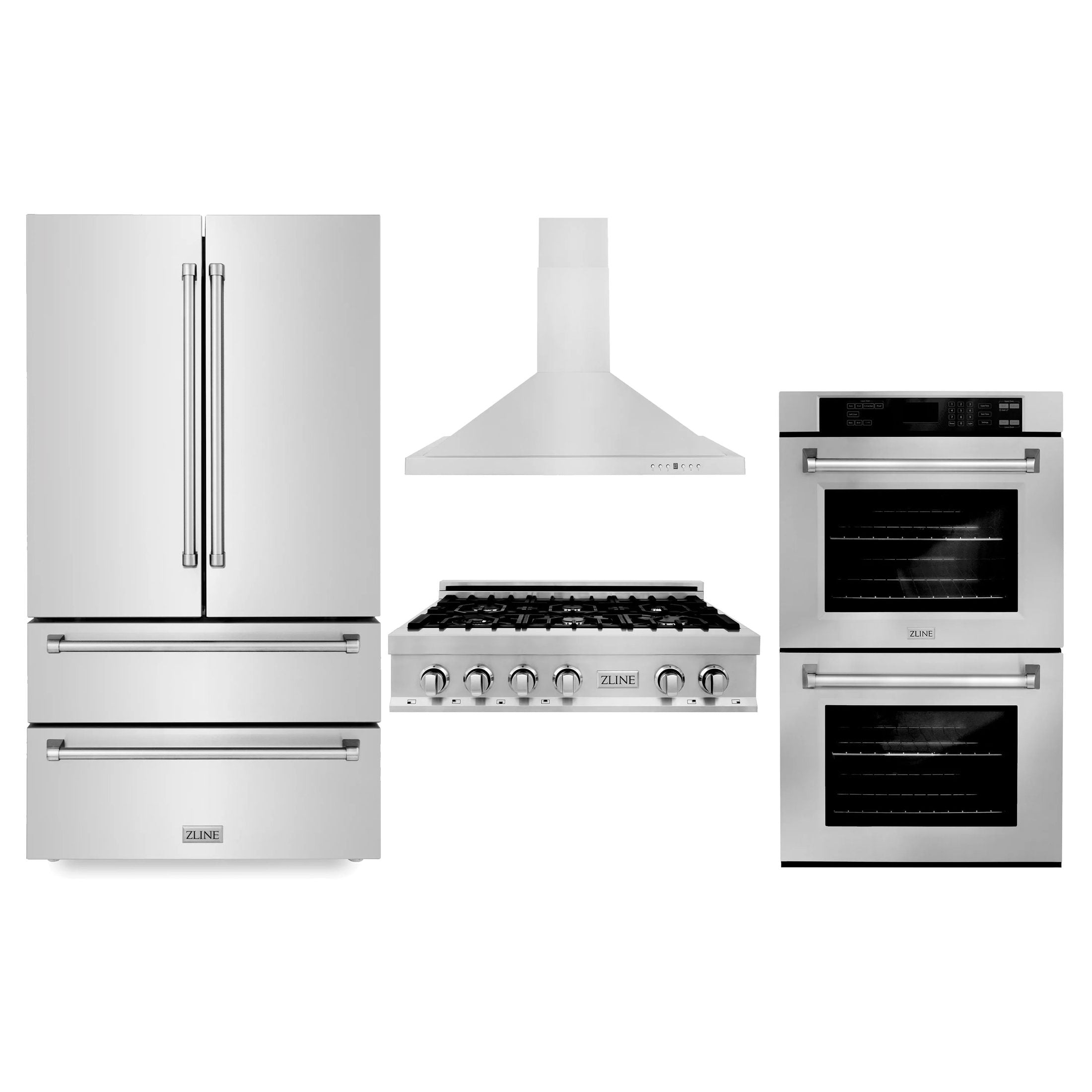 ZLINE Appliance Package - Kitchen Package with Refrigeration, 36" Stainless Steel Rangetop, 36" Range Hood and 30" Double Wall Oven