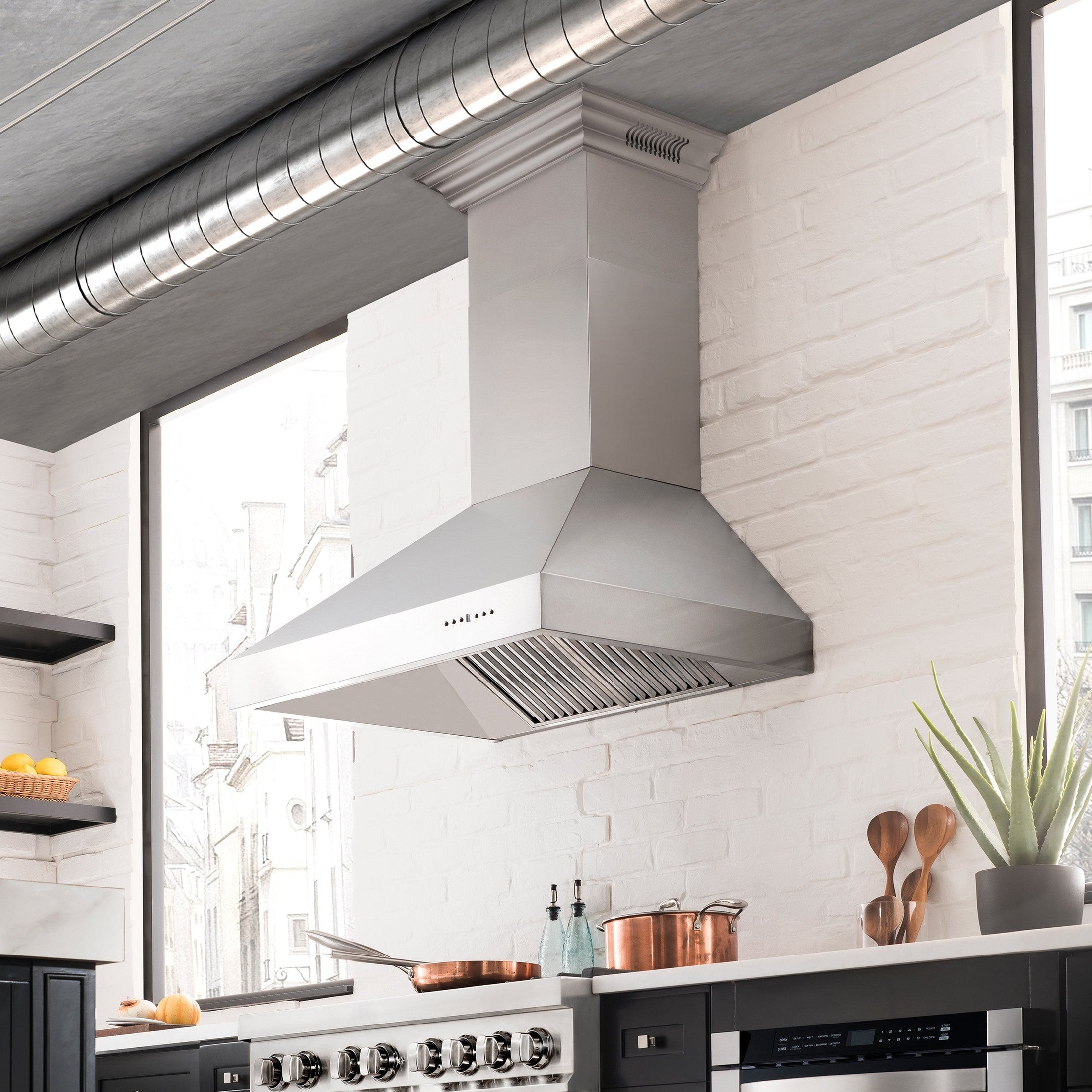 ZLINE Professional Wall Mount Range Hood in Stainless Steel with Built-in CrownSound Bluetooth Speakers - 697CRN-BT