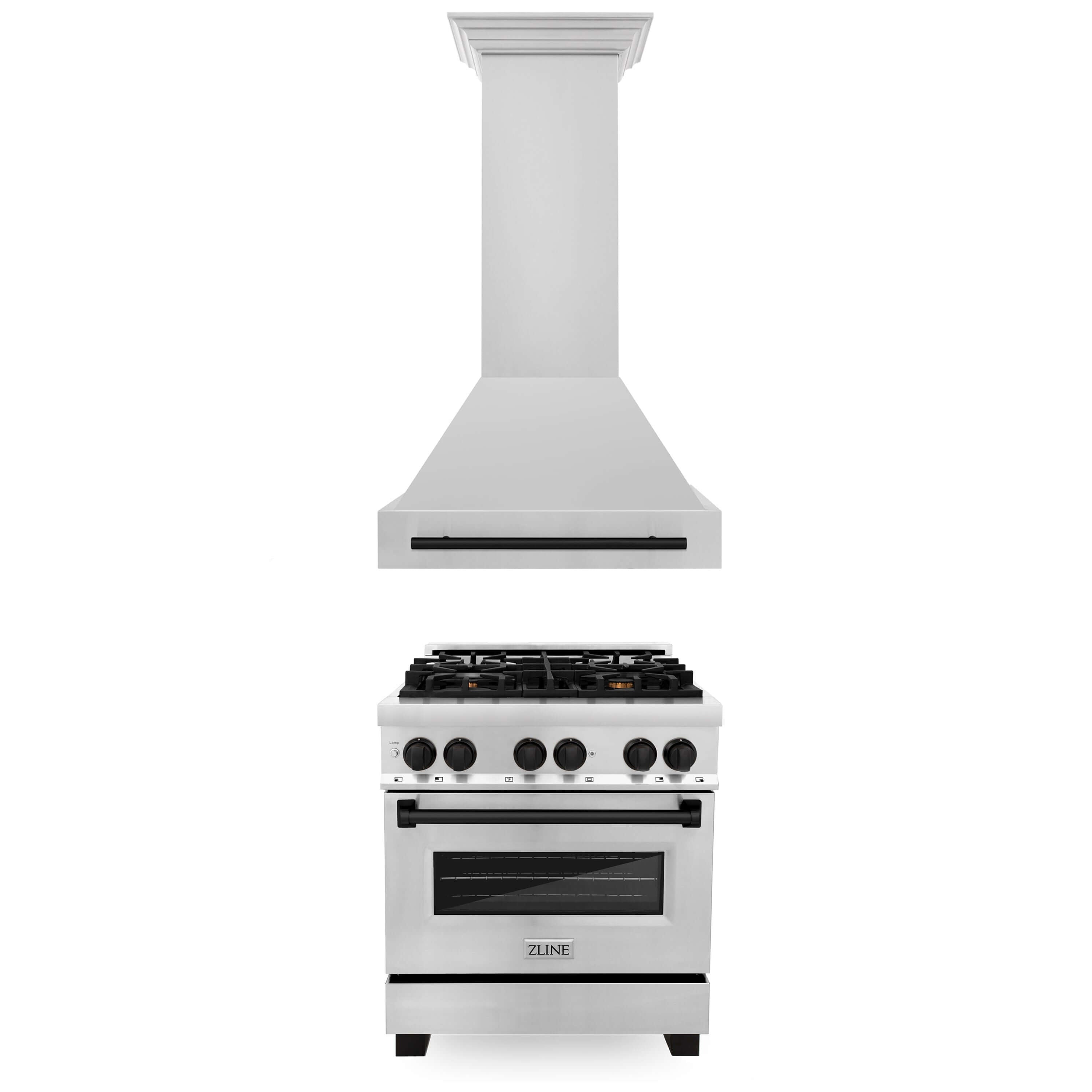 ZLINE 30 in. Autograph Edition Kitchen Package with Stainless Steel Dual Fuel Range and Range Hood with Matte Black Accents (2AKP-RARH30-MB)