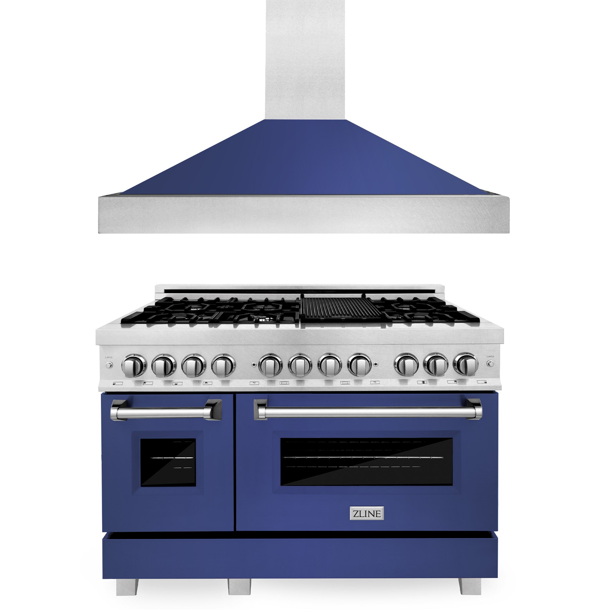 ZLINE 48 in. Kitchen Package with DuraSnow Stainless Steel Dual Fuel Range with Blue Matte Door and Convertible Vent Range Hood (2KP-RASBMRH48)