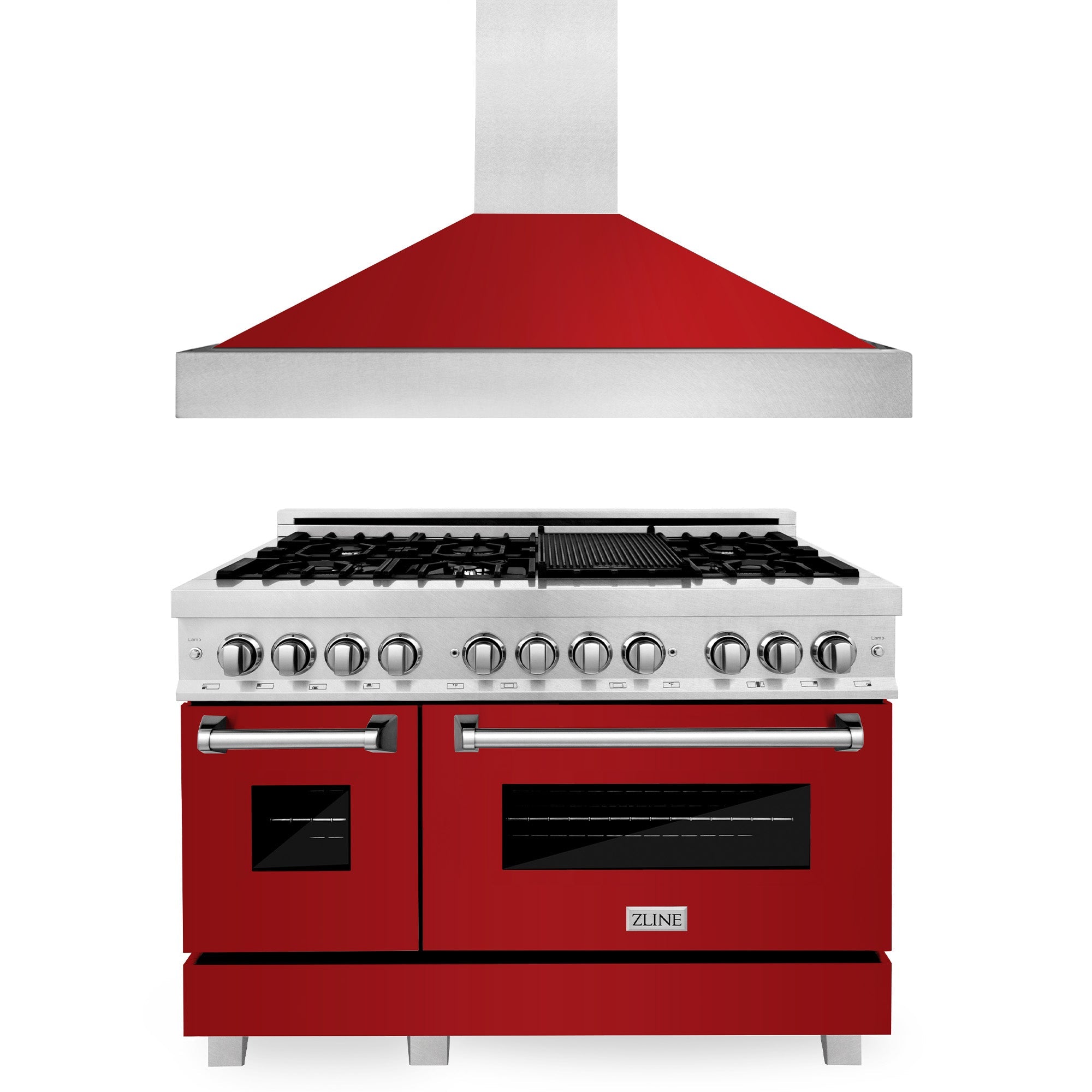 ZLINE 48 in. Kitchen Package with DuraSnow Stainless Steel Dual Fuel Range with Red Gloss Door and Convertible Vent Range Hood (2KP-RASRGRH48)