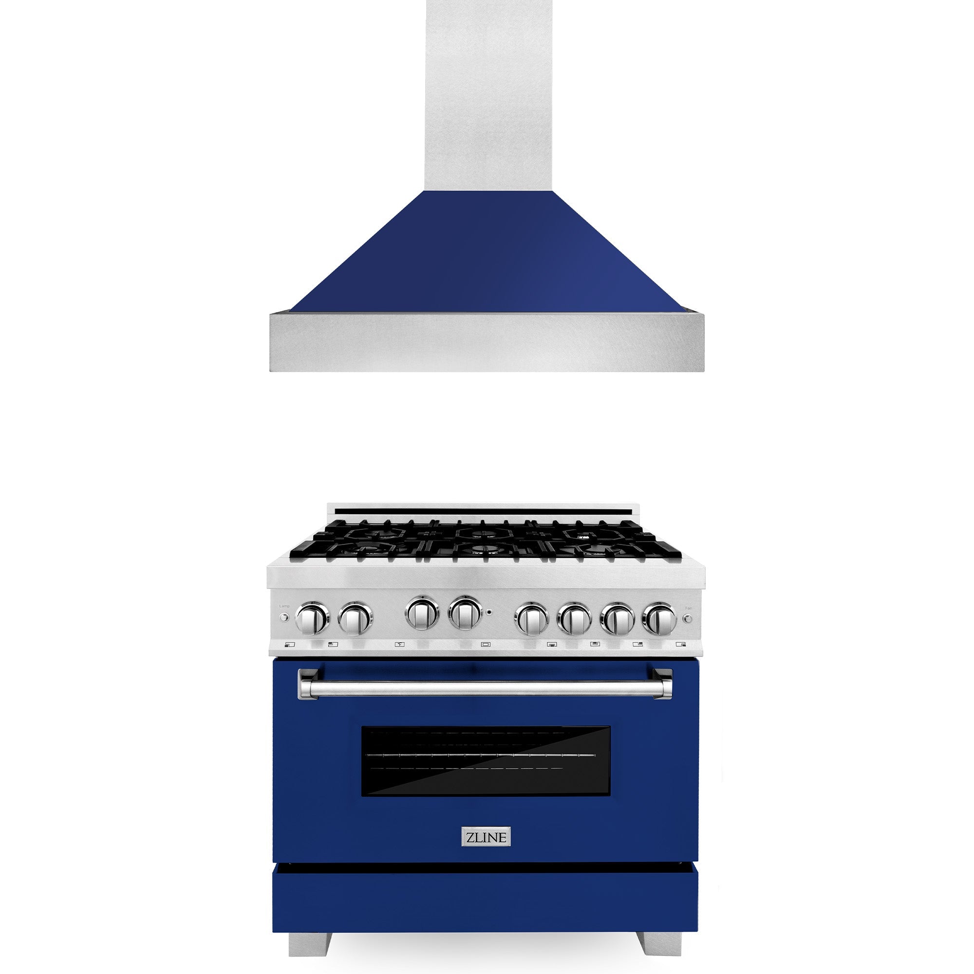 ZLINE 36 in. Kitchen Package with DuraSnow Stainless Steel Gas Range with Blue Gloss Door and Convertible Vent Range Hood (2KP-RGSBGRH36)