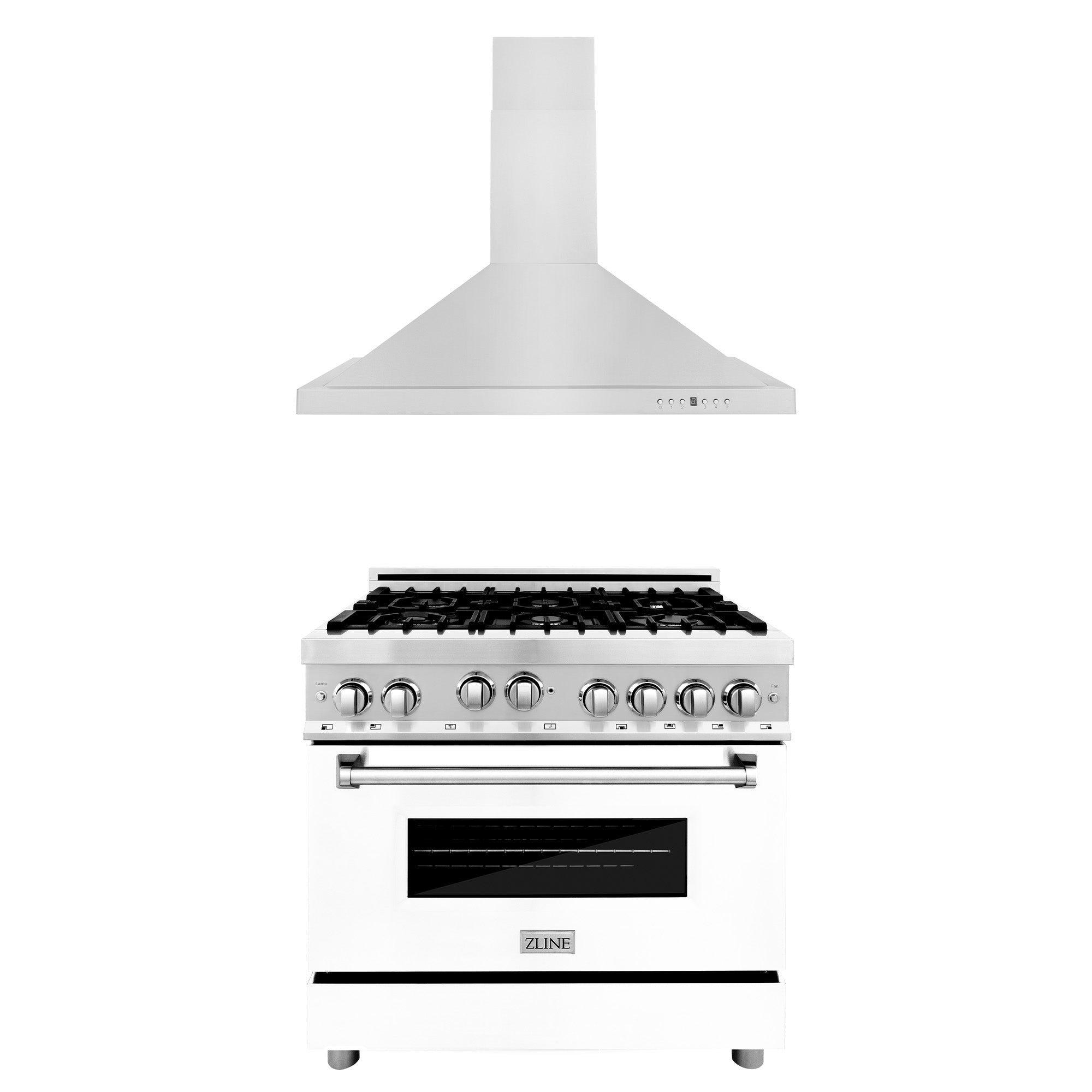 ZLINE 36 in. Kitchen Package with Stainless Steel Gas Range with White Matte Door and Convertible Vent Range Hood (2KP-RGWMRH36)
