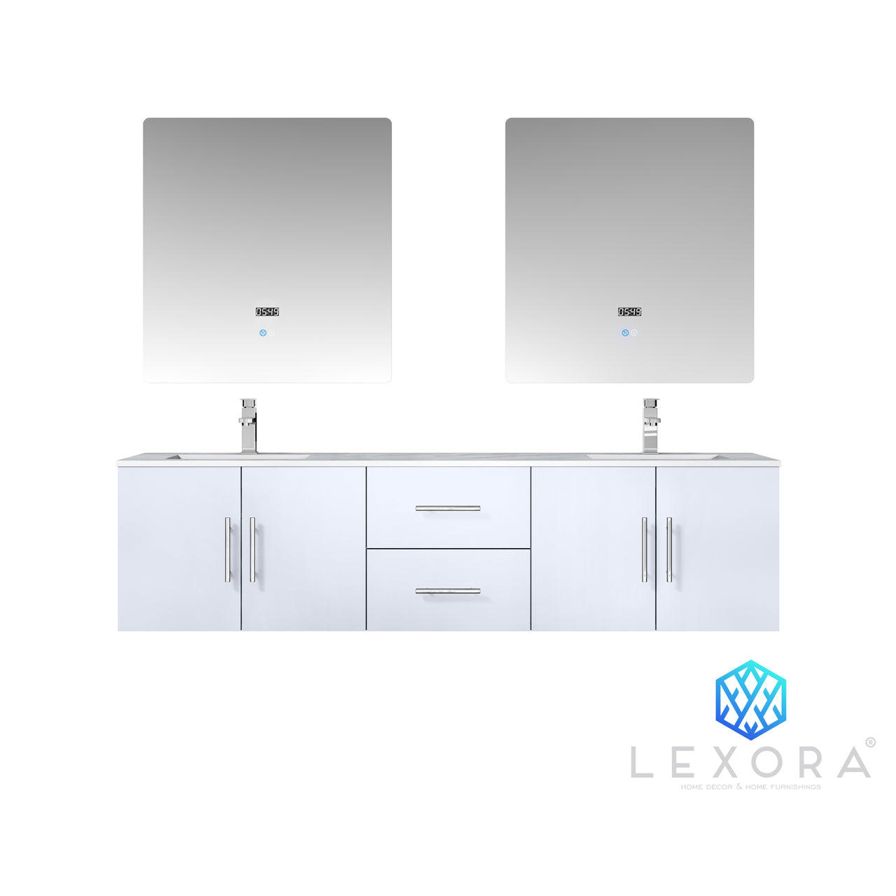 Lexora Geneva 72" Glossy White Double Vanity, White Carrara Marble Top, White Square Sinks and 30" LED Mirrors LG192272DMDSLM30