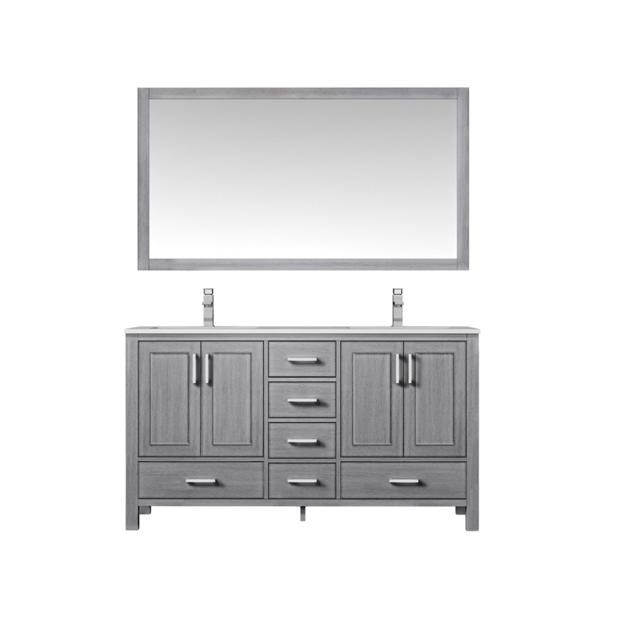 Lexora Jacques 60" Distressed Grey Double Vanity, White Carrara Marble Top, White Square Sinks and 58" Mirror LJ342260DDDSM58