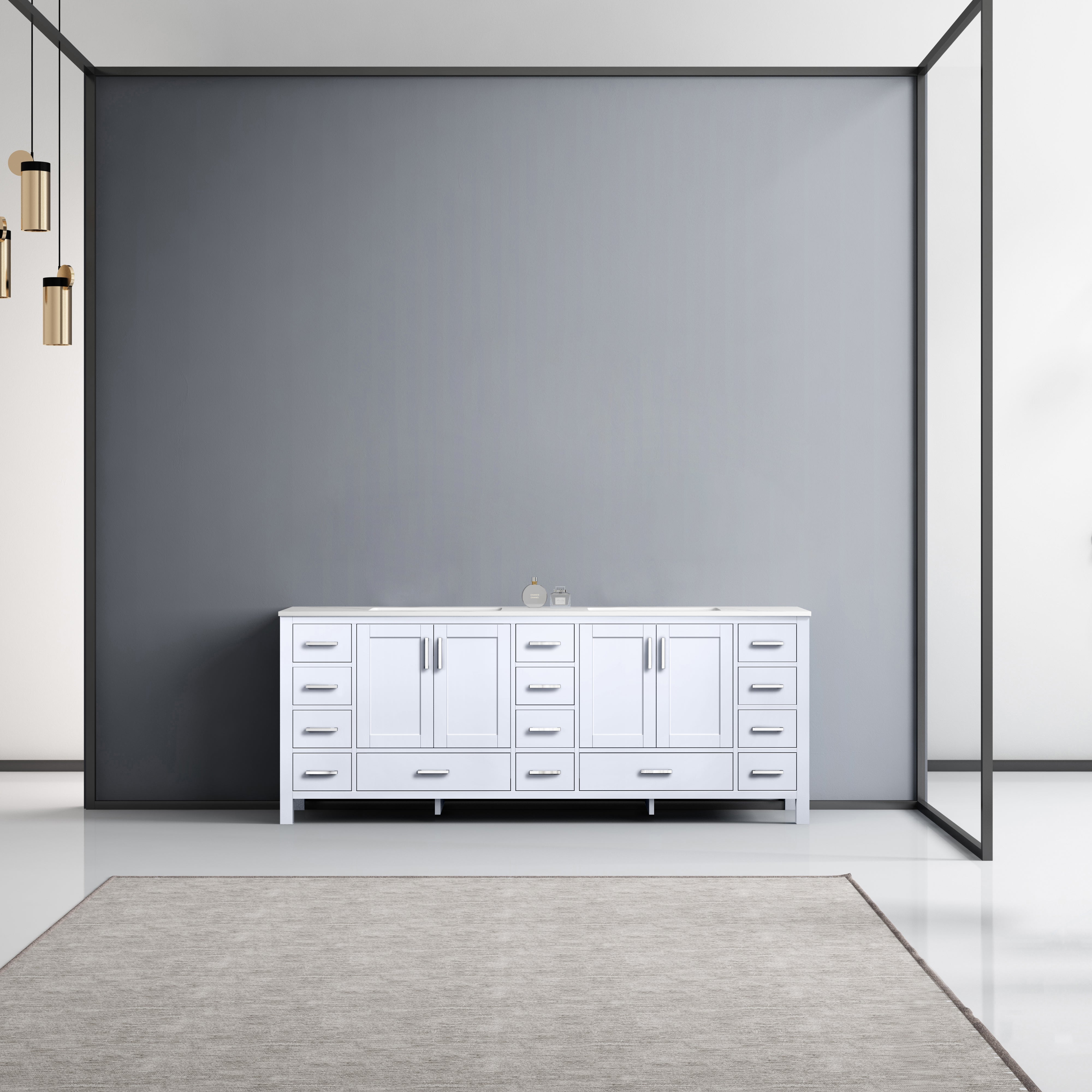 Lexora Jacques 84" White Double Vanity, White Carrara Marble Top, White Square Sinks and no Mirror LJ342284DADS000