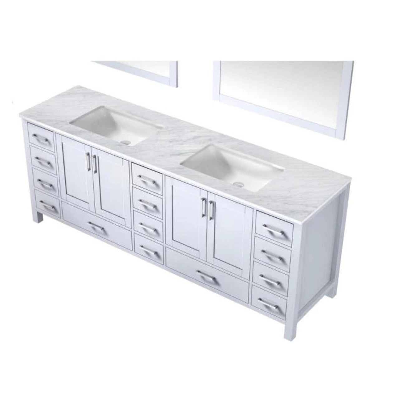 Lexora Jacques 84" White Double Vanity, White Carrara Marble Top, White Square Sinks and 34" Mirrors LJ342284DADSM34