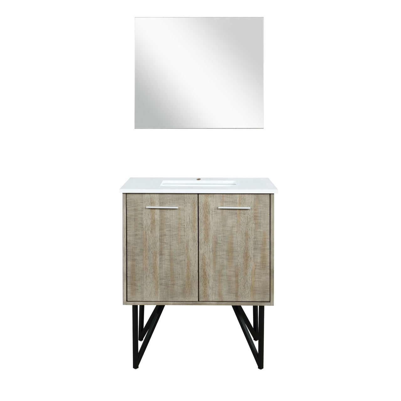Lexora Lancy 30" Rustic Acacia Bathroom Vanity, White Quartz Top, White Square Sink, and 28" Frameless Mirror LLC30SKSOSM28