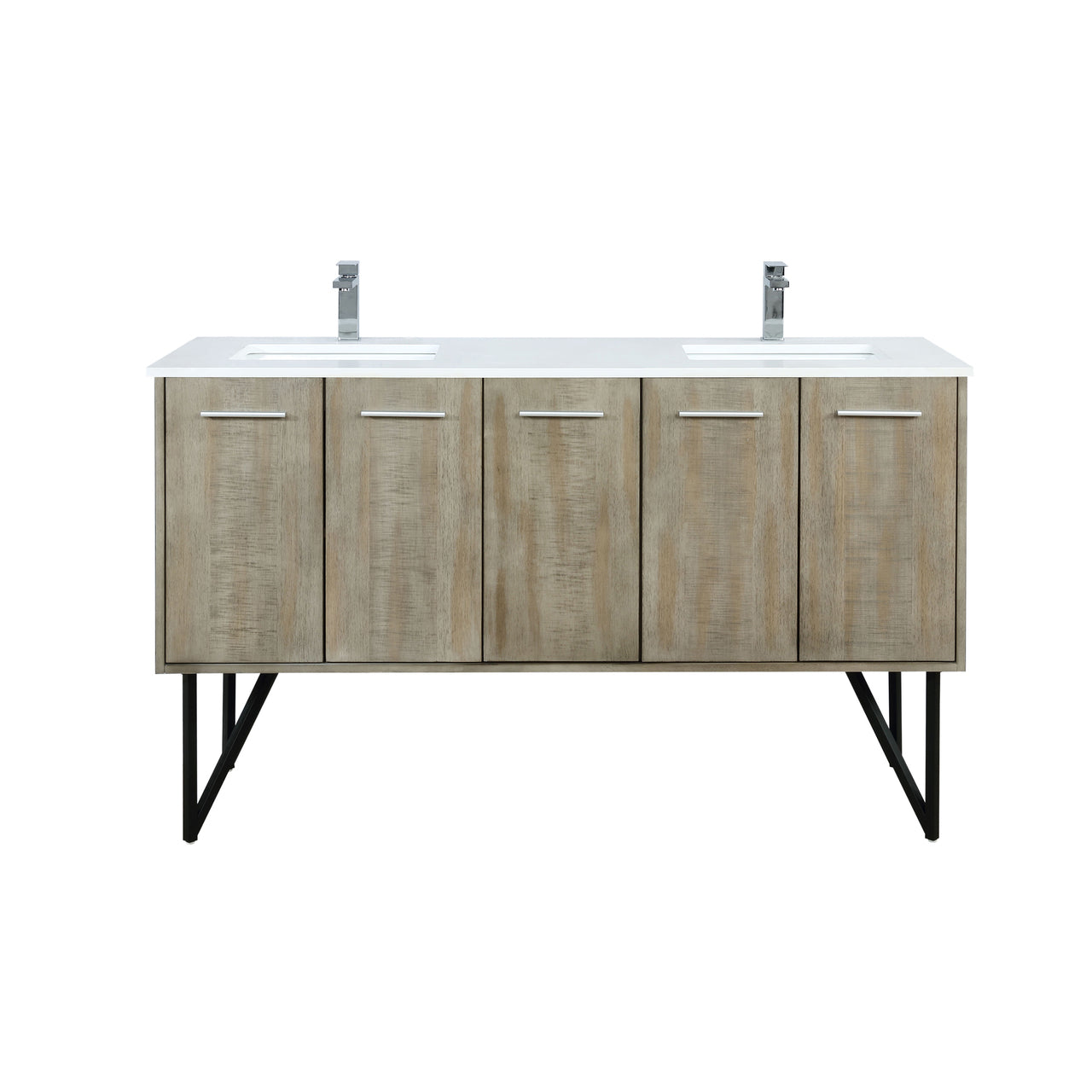 Lexora Lancy 60" Rustic Acacia Double Bathroom Vanity, White Quartz Top, White Square Sinks, and Labaro Rose Gold Faucet Set LLC60DKSOS000FRG