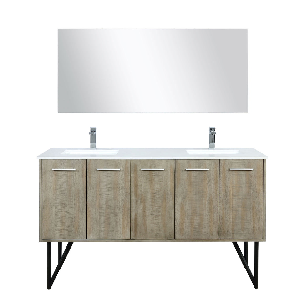 Lexora Lancy 60" Rustic Acacia Double Bathroom Vanity, White Quartz Top, White Square Sinks, Balzani Gun Metal Faucet Set, and 55" Frameless Mirror LLC60DKSOSM55FGM