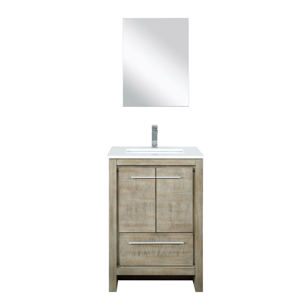 Lexora Lafarre 24" Rustic Acacia Bathroom Vanity, White Quartz Top, White Square Sink, Labaro Rose Gold Faucet Set, and 18" Frameless Mirror LLF24SKSOSM18FRG
