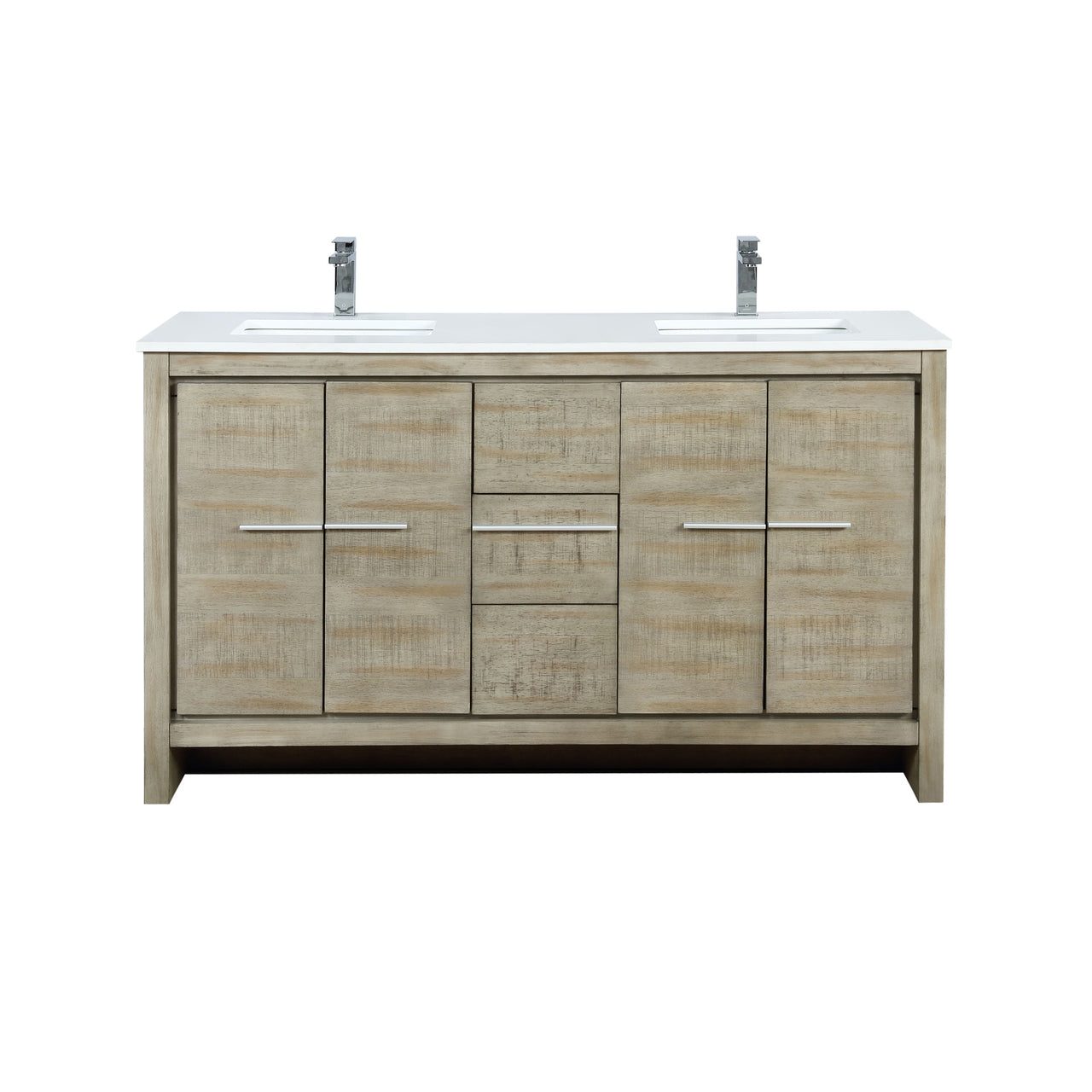 Lexora Lafarre 60" Rustic Acacia Double Bathroom Vanity, White Quartz Top, White Square Sinks, and Labaro Rose Gold Faucet Set LLF60DKSOD000FRG