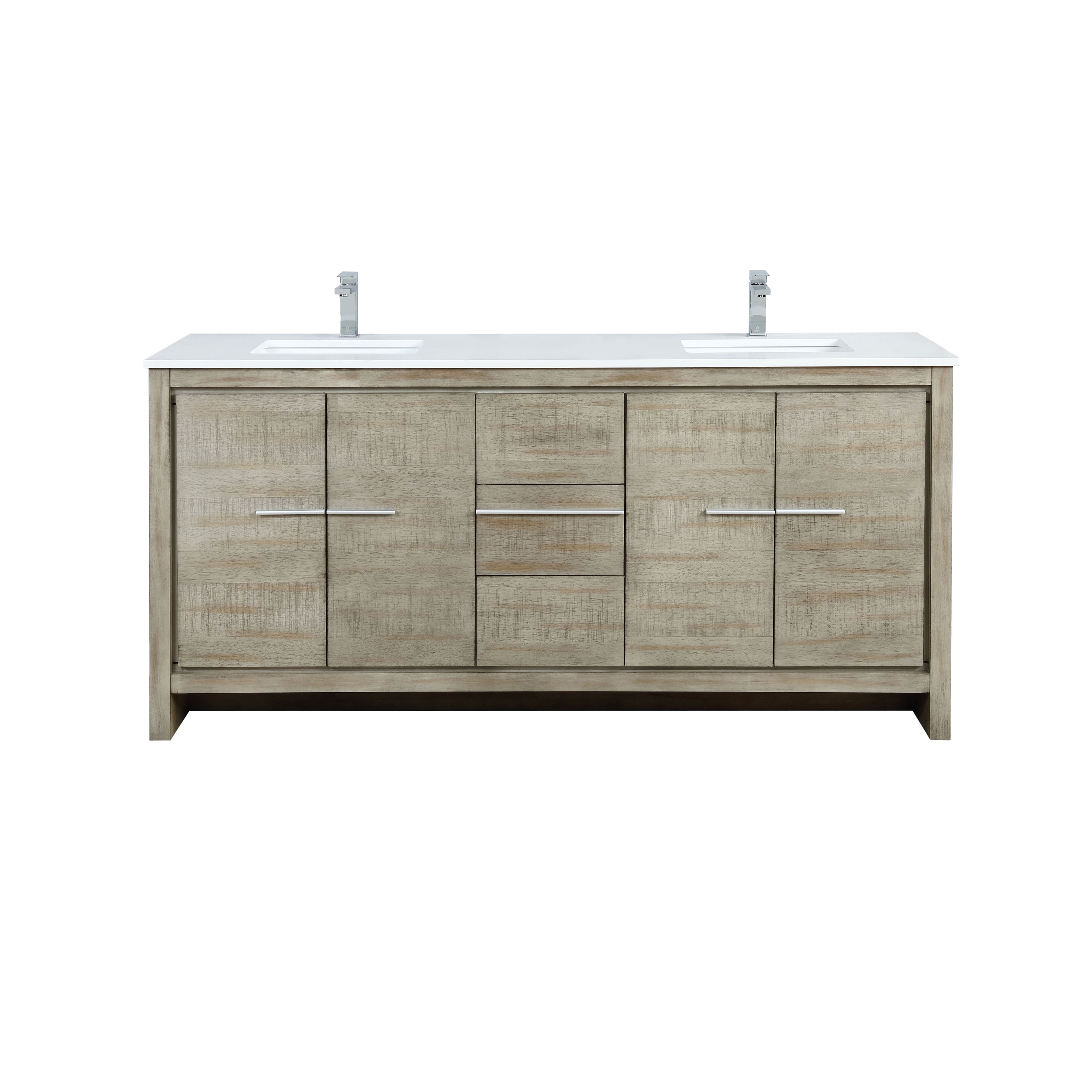 Lexora Lafarre 72" Rustic Acacia Double Bathroom Vanity, White Quartz Top, White Square Sinks, and Labaro Rose Gold Faucet Set LLF72DKSOD000FRG