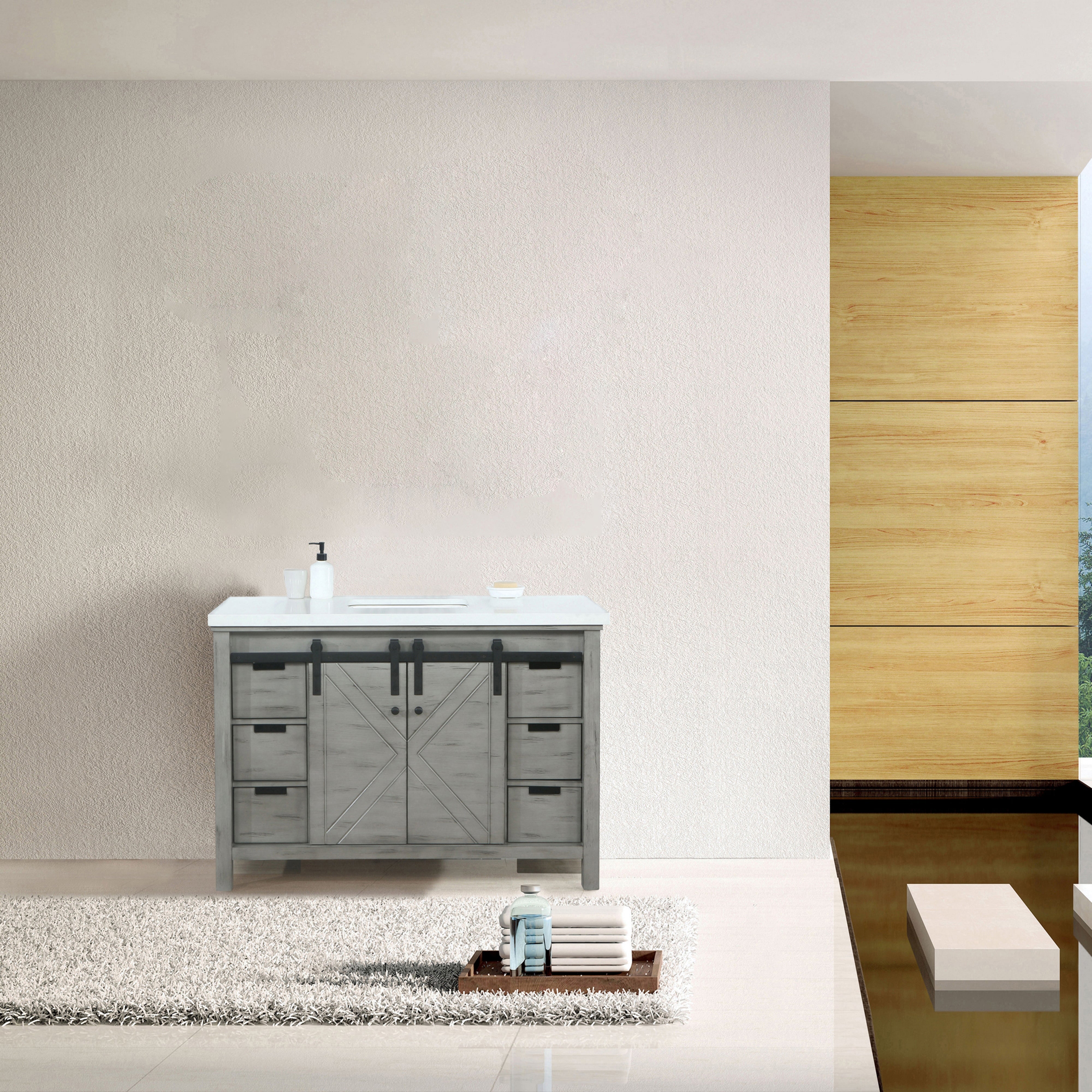 Lexora Marsyas 48" Ash Grey Single Vanity, White Quartz Top, White Square Sink and no Mirror LM342248SHCS000