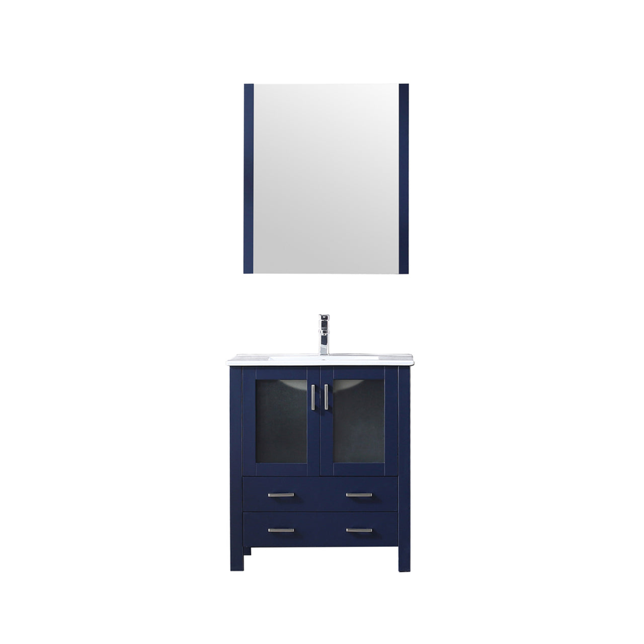 Lexora Volez 30" Navy Blue Single Vanity, Integrated Top, White Integrated Square Sink and 28" Mirror LV341830SEESM28