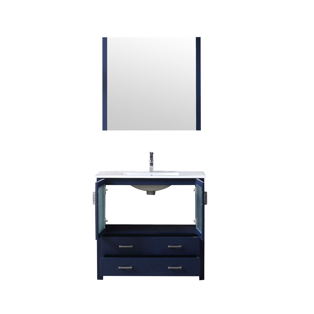 Lexora Volez 36" Navy Blue Single Vanity, Integrated Top, White Integrated Square Sink and 34" Mirror w/ Faucet LV341836SEESM34F
