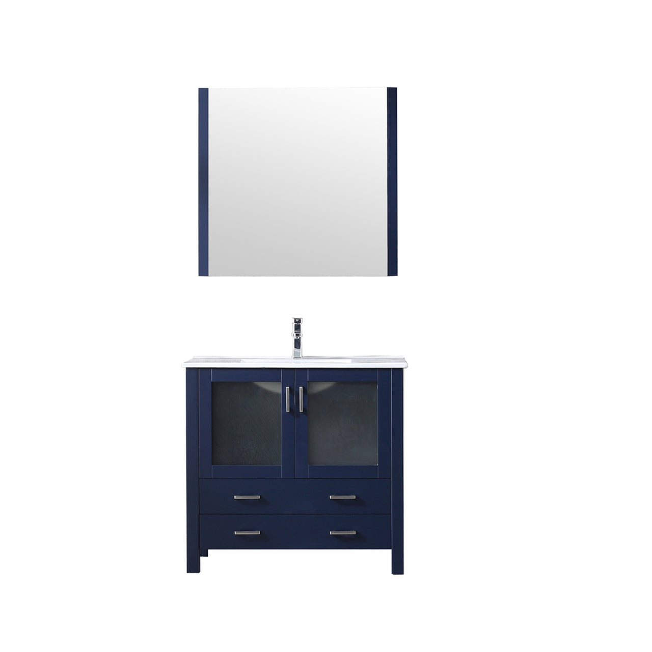 Lexora Volez 36" Navy Blue Single Vanity, Integrated Top, White Integrated Square Sink and 34" Mirror LV341836SEESM34