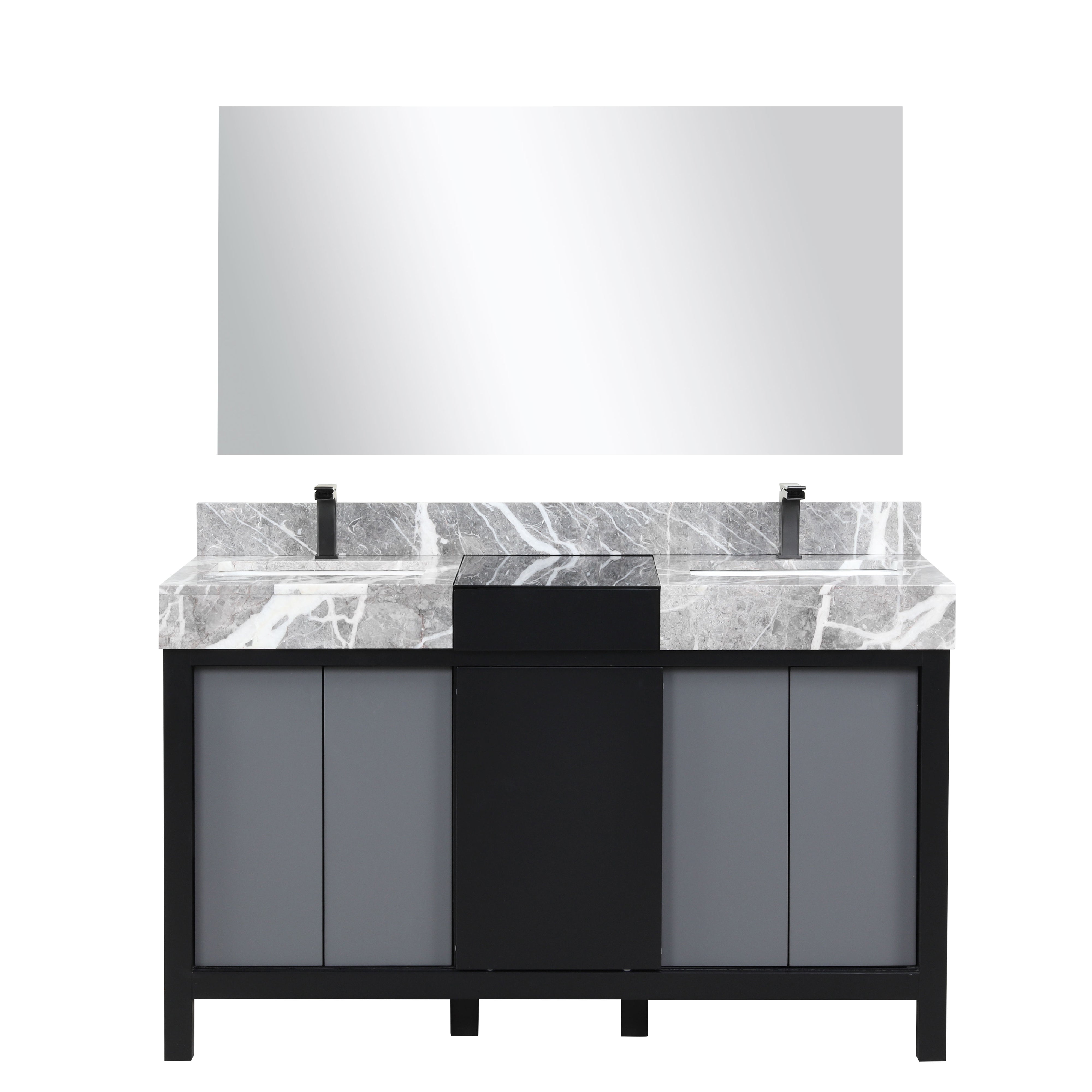 Lexora Zilara 55" Black and Grey Double Vanity, Castle Grey Marble Tops, White Square Sinks, Balzani Gun Metal Faucet Sets, and 53" Frameless Mirror - LZ342255SLISM53FBG