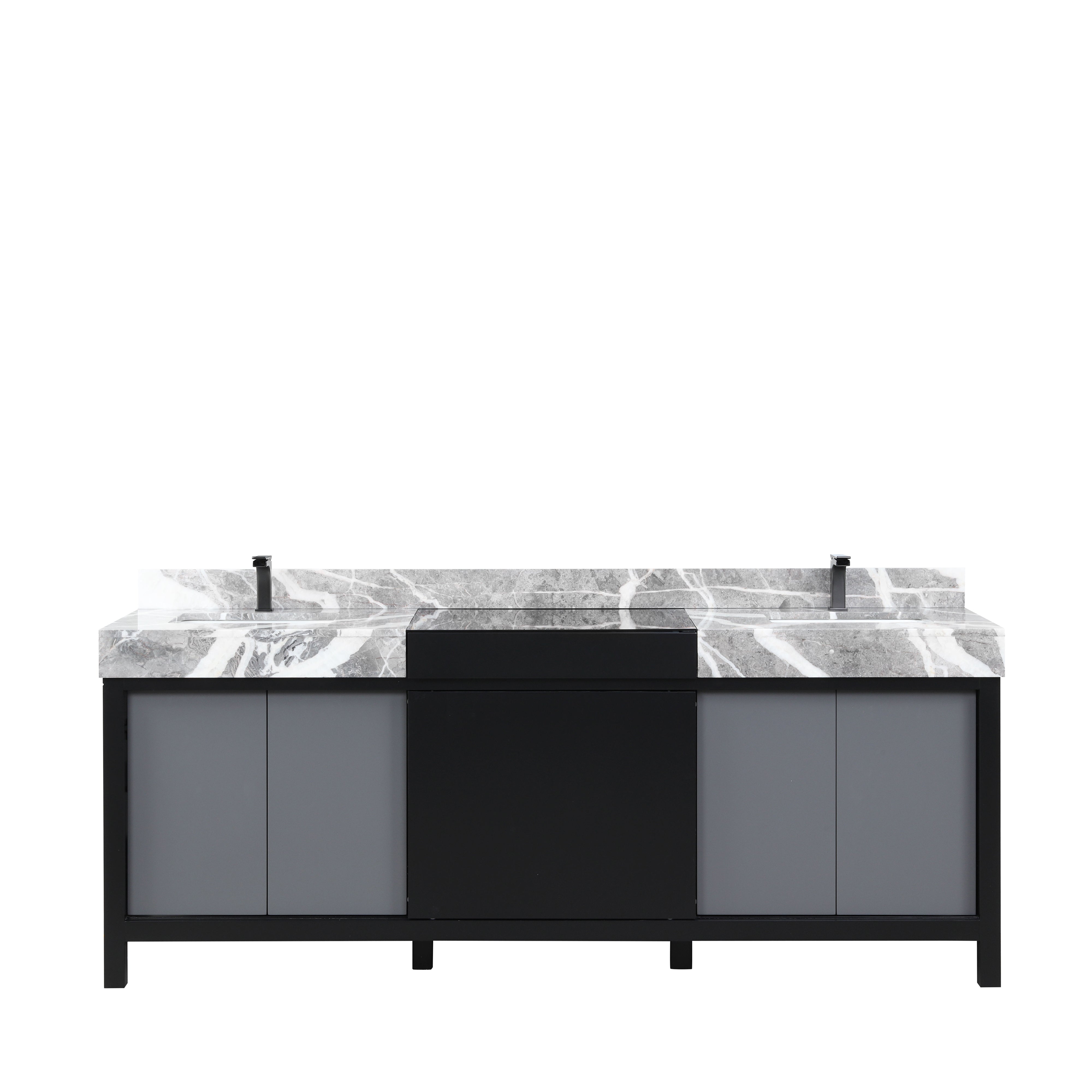 Lexora Zilara 84" Black and Grey Double Vanity, Castle Grey Marble Tops, White Square Sinks, and Balzani Gun Metal Faucet Set - LZ342284DLISFBG