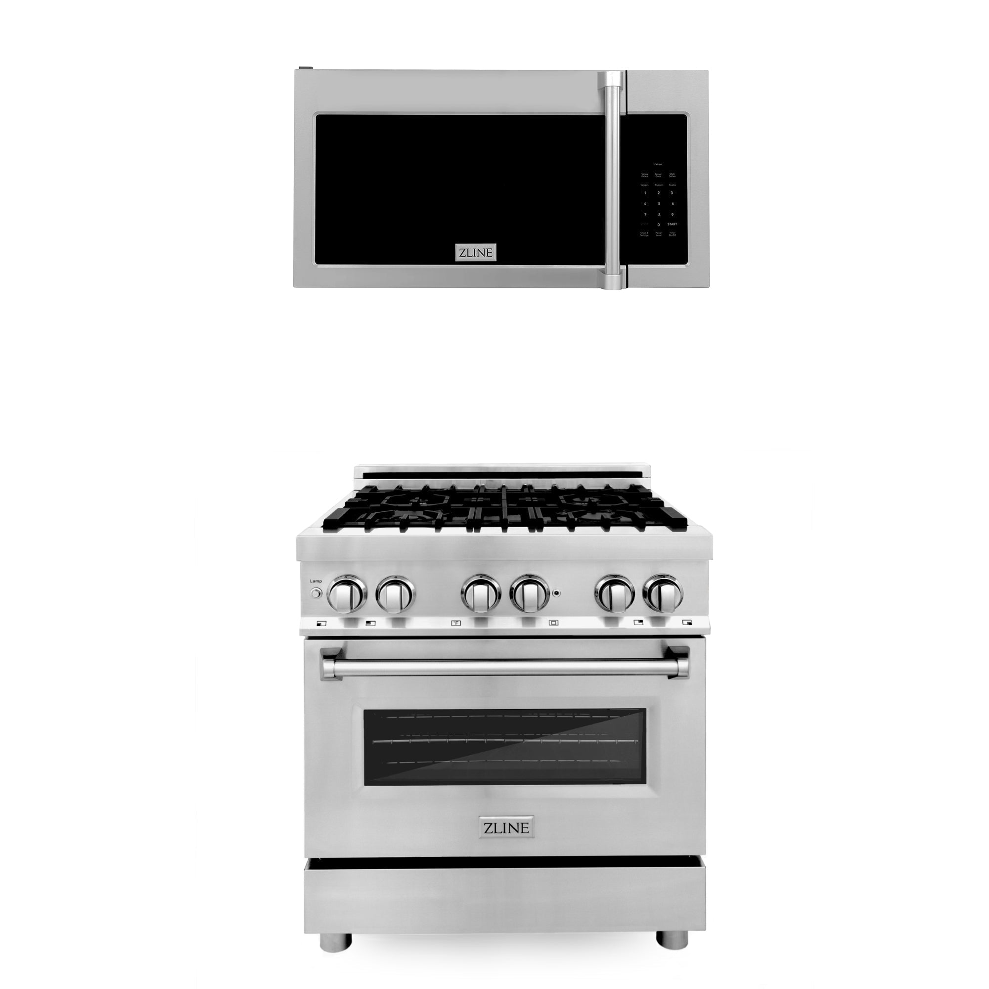 ZLINE 30 in. Kitchen Package Stainless Steel Dual Fuel Range and Over The Range Microwave with Traditional Handle (2KP-RAOTRH30)
