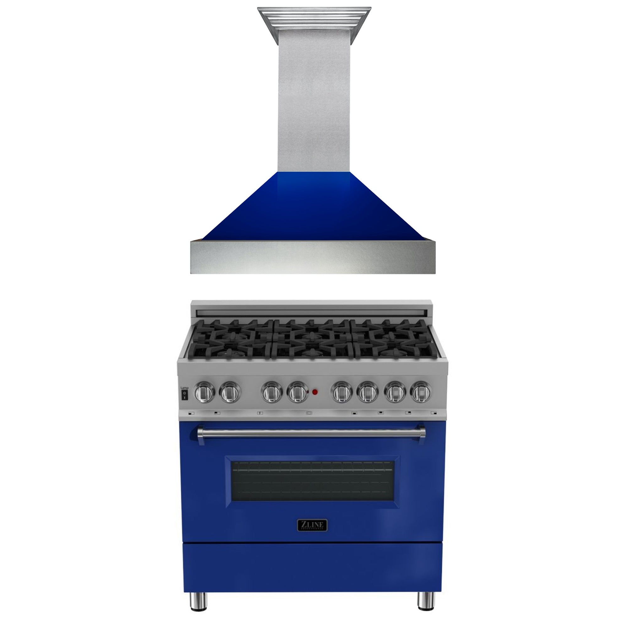 ZLINE 36 in. Kitchen Package with DuraSnow Stainless Steel Dual Fuel Range with Blue Gloss Door and Convertible Vent Range Hood (2KP-RASBGRH36)