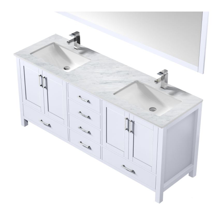 Jacques 72" White Double Vanity, White Carrara Marble Top, White Square Sinks and 70" Mirror LJ342272DADSM70