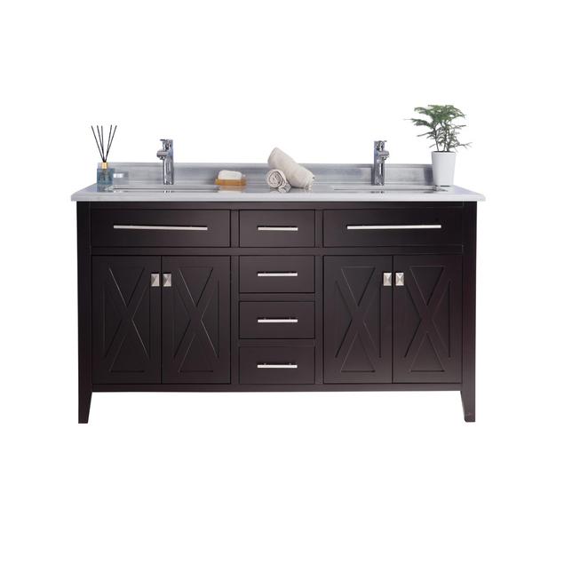 Laviva Wimbledon 60" Brown Double Sink Bathroom Vanity with White Stripes Marble Countertop 313YG319-60B-WS