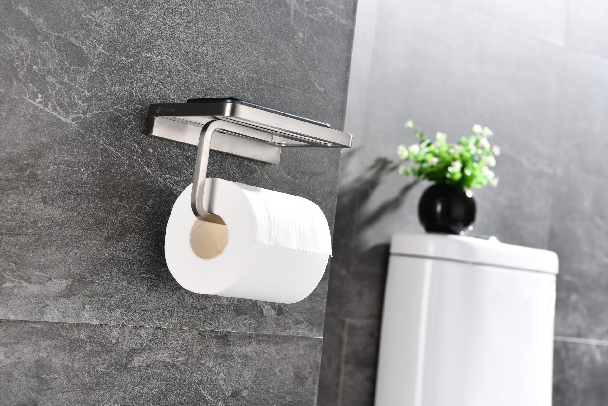 Lexora Bagno Bianca Stainless Steel White Glass Shelf w/ Toilet Paper Holder - Brushed Nickel LSP18152BN-WG