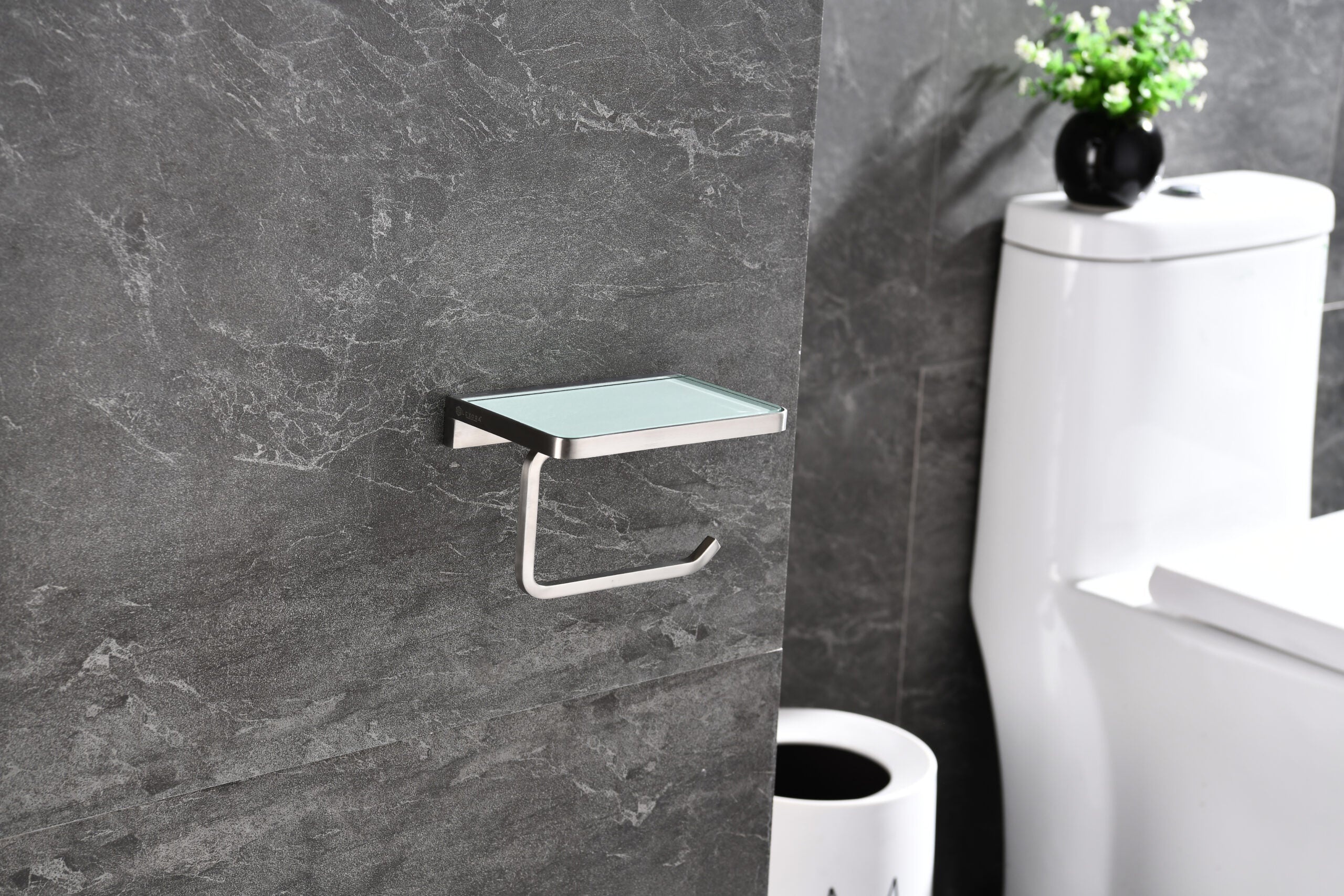 Lexora Bagno Bianca Stainless Steel White Glass Shelf w/ Toilet Paper Holder - Brushed Nickel LSP18152BN-WG