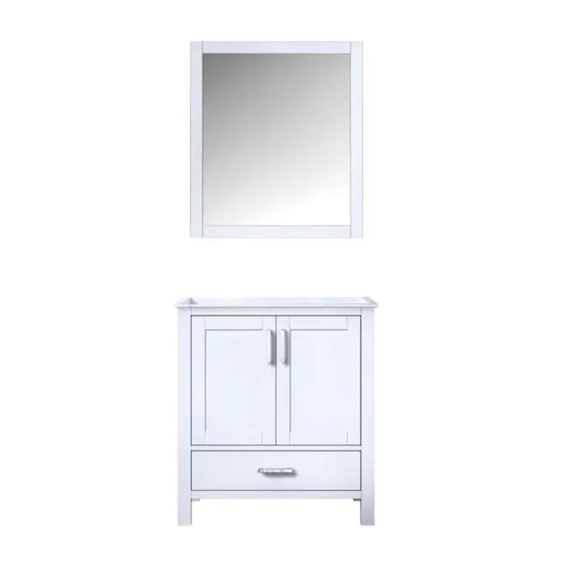 Lexora Jacques 30" White Single Vanity White, no Top and 28" Mirror LJ342230SA00M28