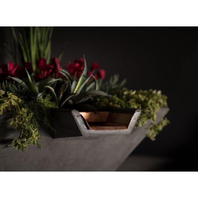 Slick Rock Concrete 22” Cascade Square Planter and Water Bowl + Copper Scupper Close up View
