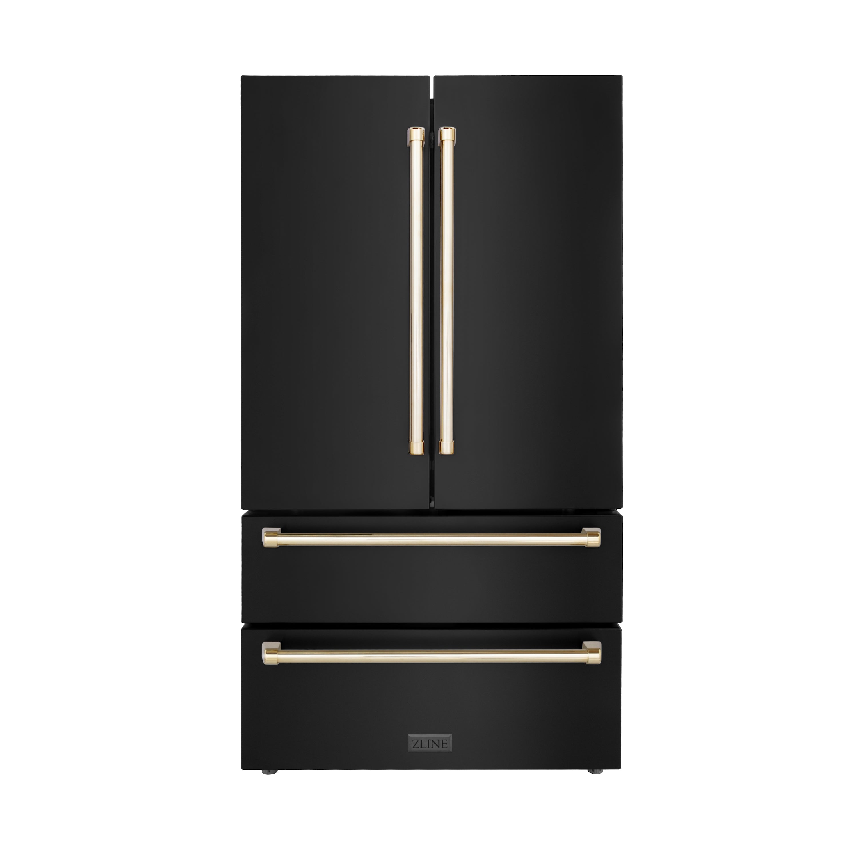 ZLINE 36 in. Autograph Edition 22.5 cu. ft Freestanding French Door Refrigerator with Ice Maker in Fingerprint Resistant Black Stainless Steel with Polished Gold Accents (RFMZ-36-BS-G)