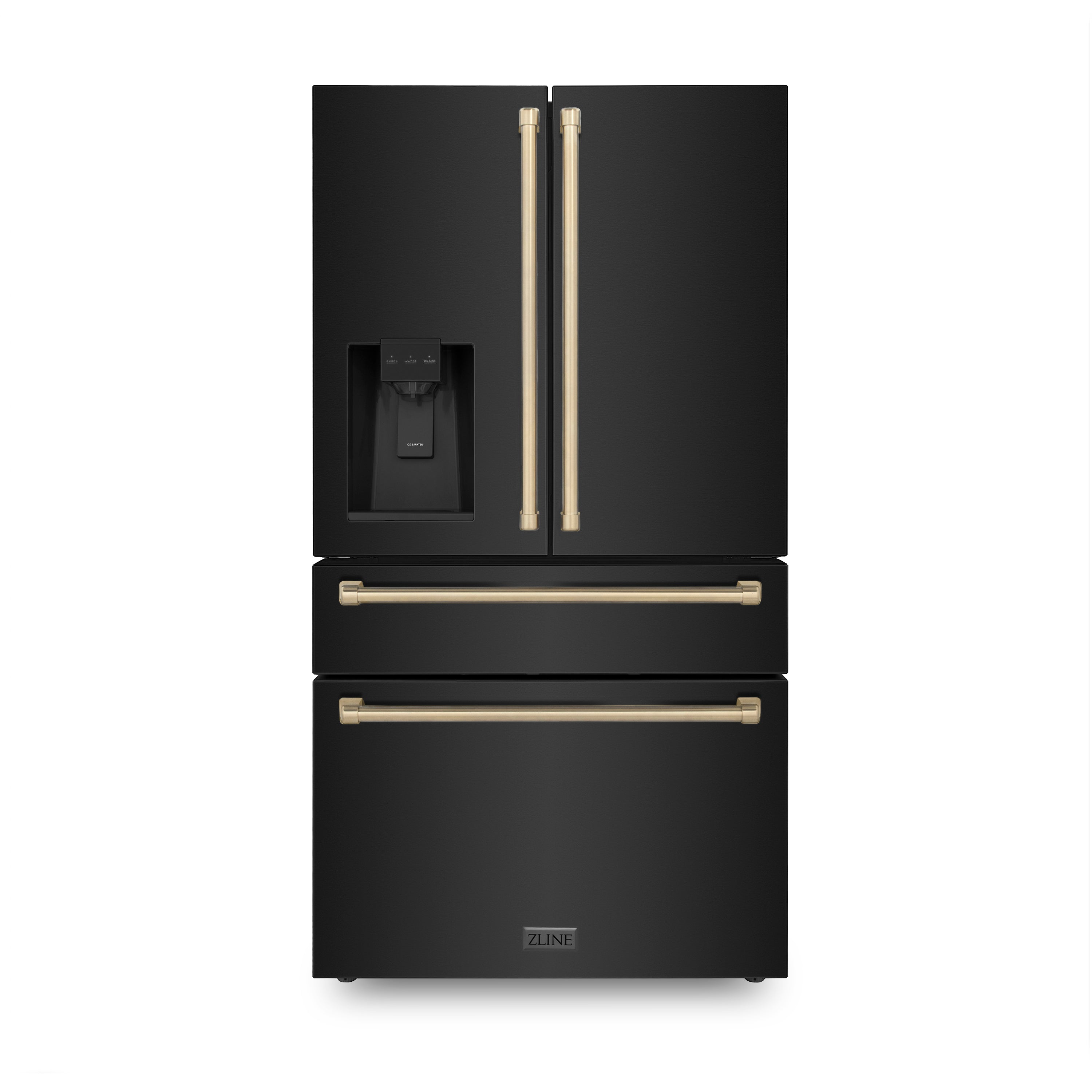 ZLINE 36 in. Autograph Edition 21.6 cu. ft Freestanding French Door Refrigerator with Water and Ice Dispenser in Fingerprint Resistant Black Stainless Steel with Champagne Bronze Accents (RFMZ-W-36-BS-CB)