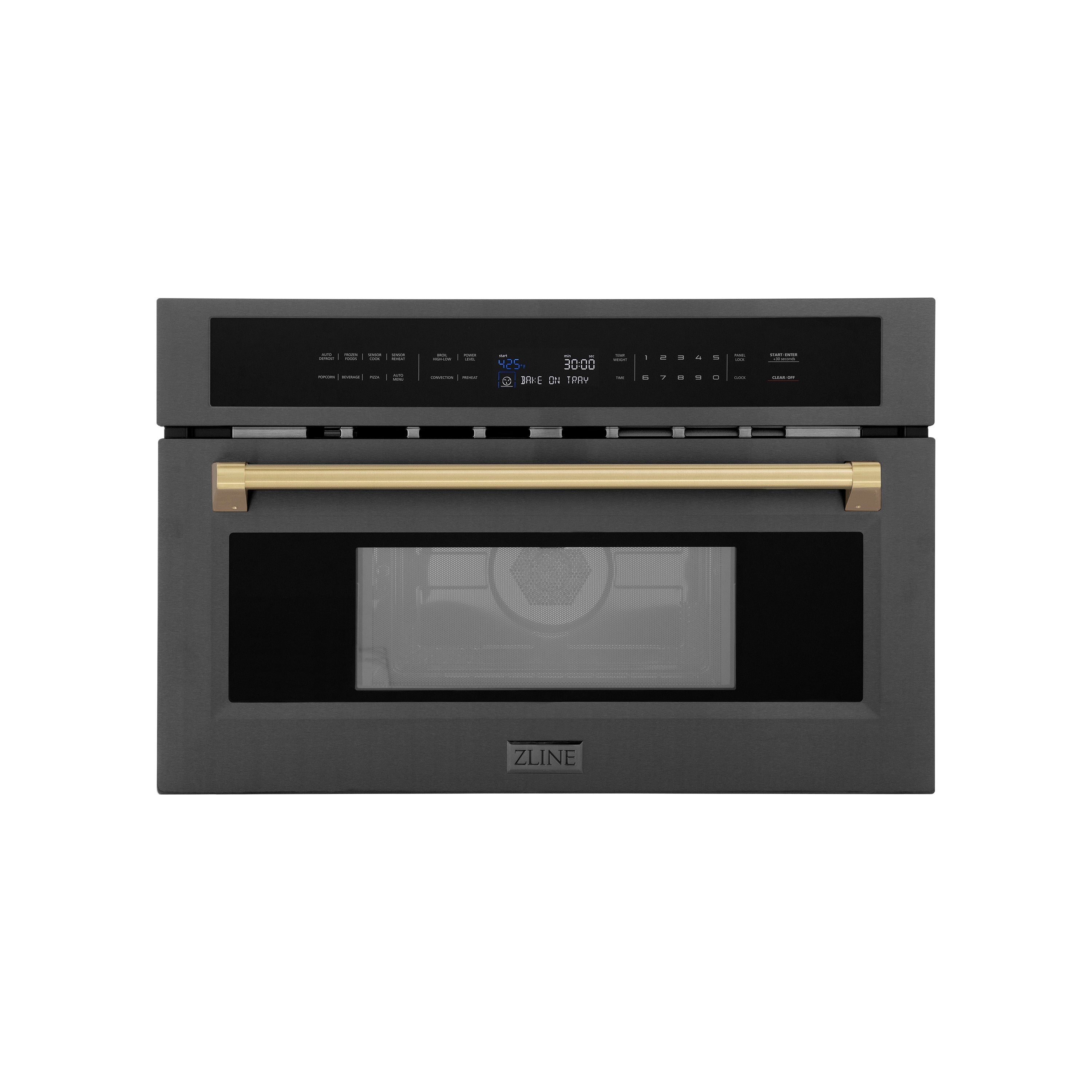 ZLINE Autograph Edition 30 in. 1.6 cu ft. Built-in Convection Microwave Oven in Black Stainless Steel with Champagne Bronze Accents (MWOZ-30-BS-CB)