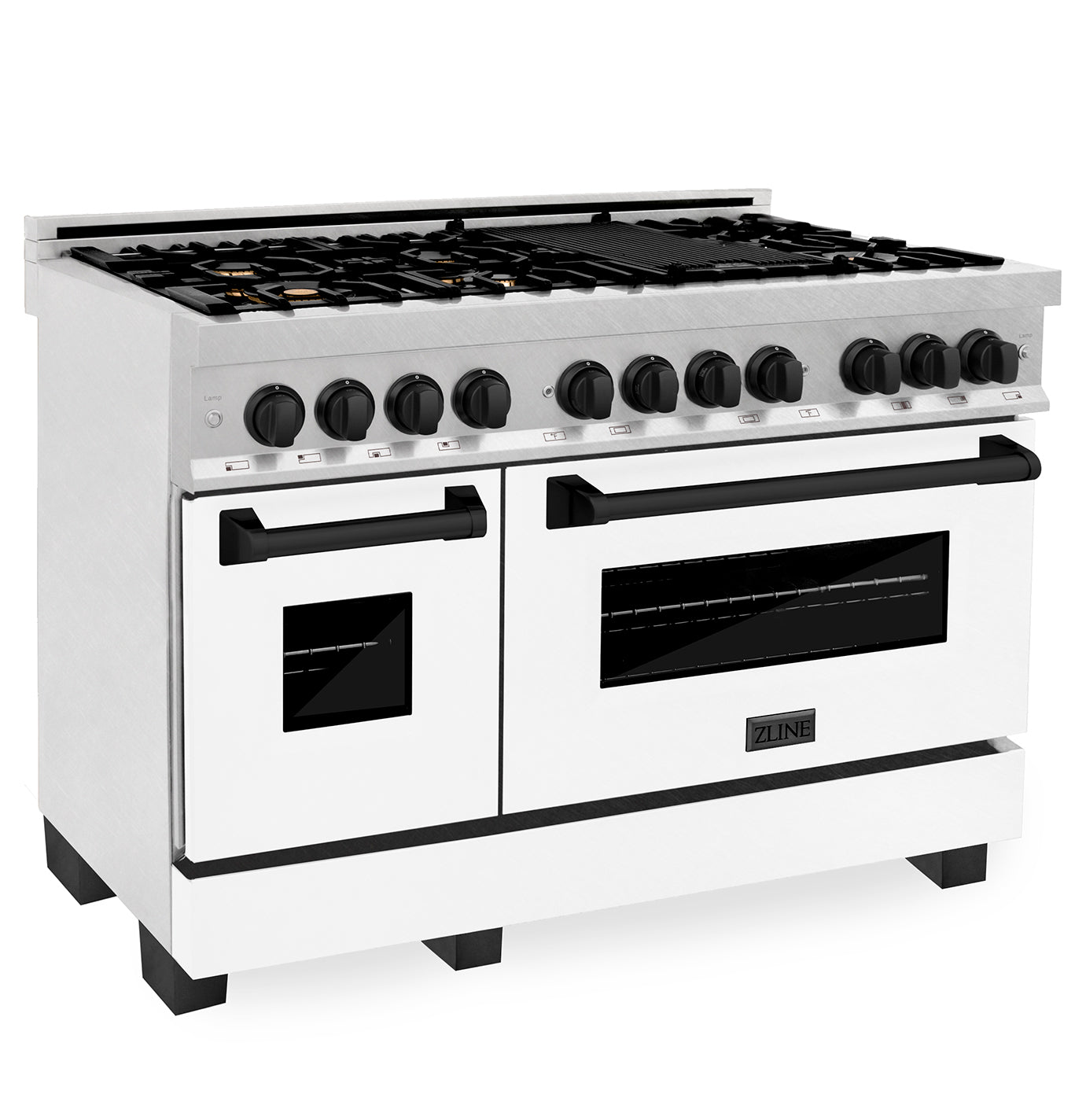 ZLINE Autograph Edition 48 in. 6.0 cu. ft. Dual Fuel Range with Gas Stove and Electric Oven in DuraSnow Stainless Steel with White Matte Door and Matte Black Accents (RASZ-WM-48-MB)