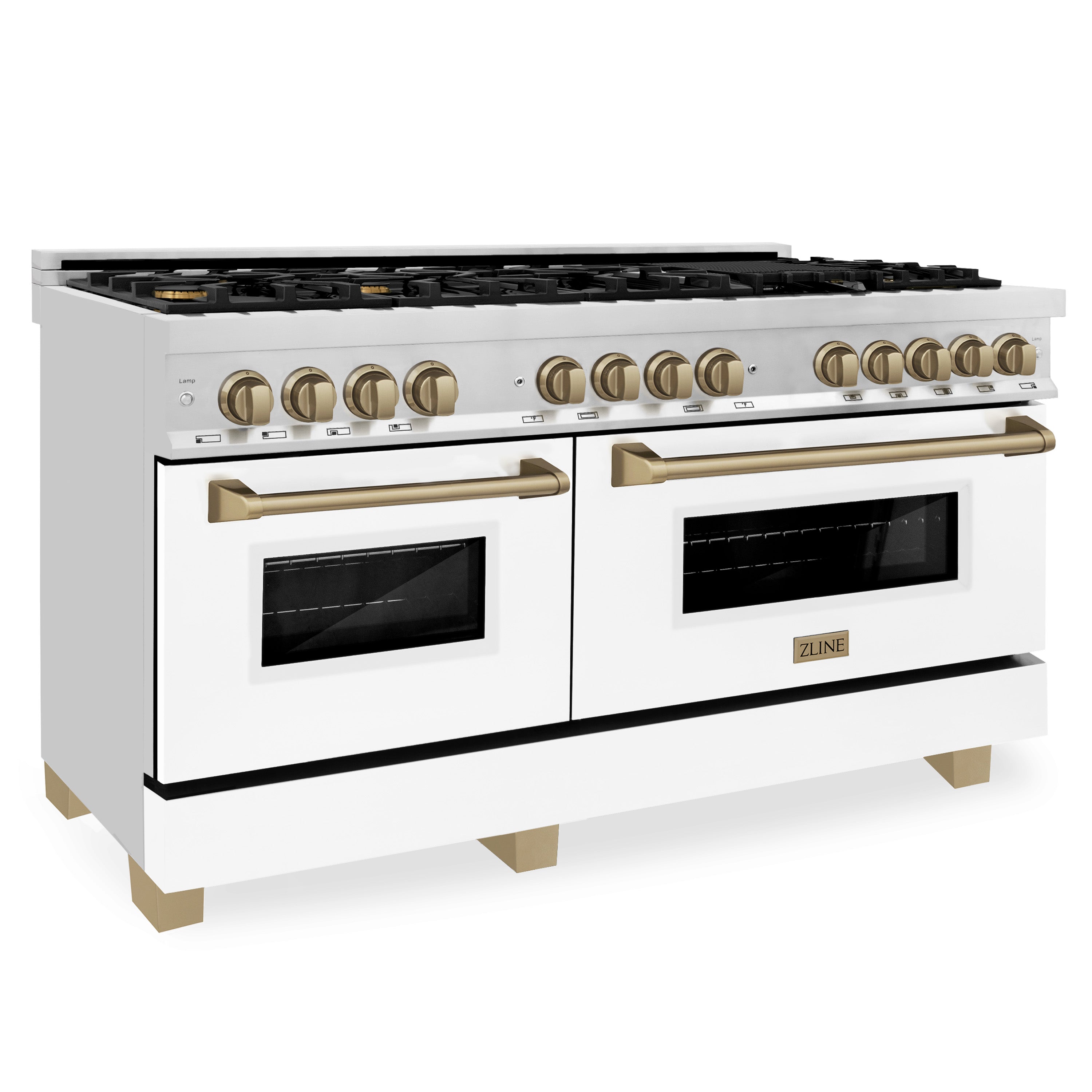 ZLINE Autograph Edition 60 in. 7.4 cu. ft. Dual Fuel Range with Gas Stove and Electric Oven in Stainless Steel with White Matte Door and Champagne Bronze Accents (RAZ-WM-60-CB)