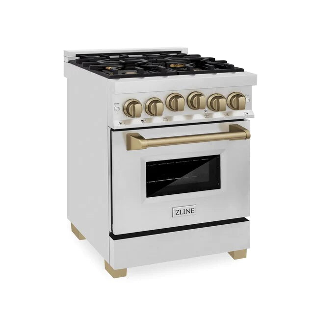 ZLINE 24 Inch Autograph Edition Dual Fuel Range in Stainless Steel with Champagne Bronze Accents, RAZ-24-CB