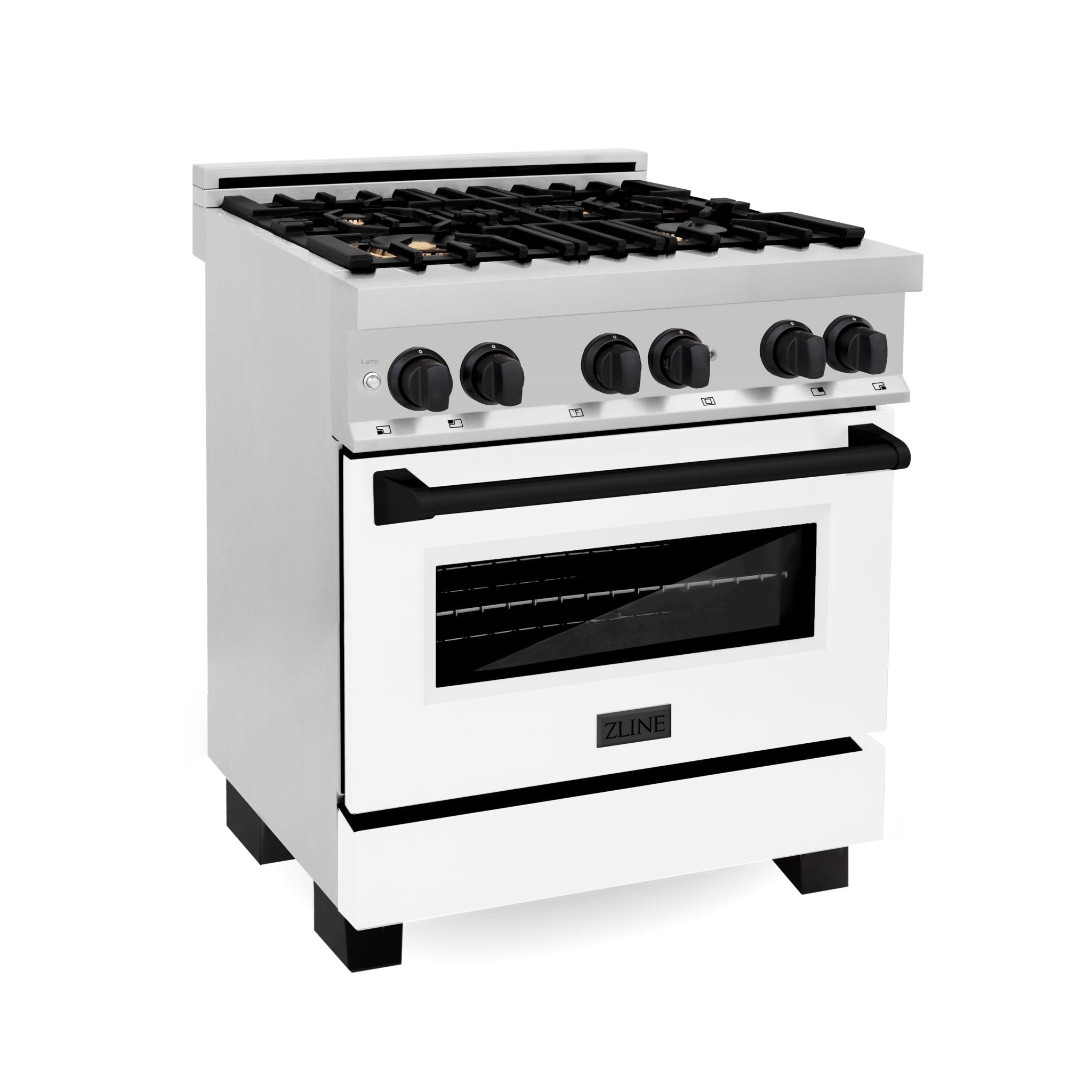 ZLINE Autograph Edition 30 in. 4.0 cu. ft. Dual Fuel Range with Gas Stove and Electric Oven in Stainless Steel with White Matte Door and Matte Black Accents (RAZ-WM-30-MB)