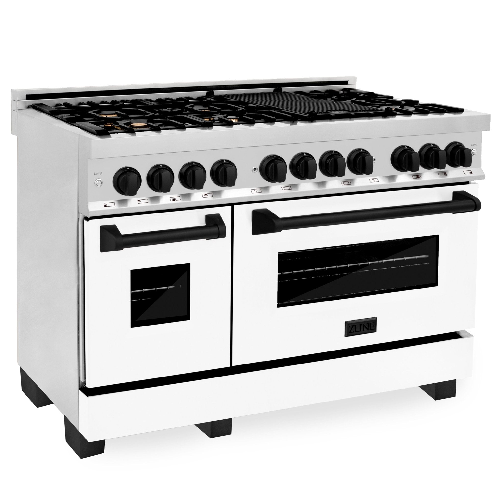 ZLINE Autograph Edition 48 in. 6.0 cu. ft. Dual Fuel Range with Gas Stove and Electric Oven in Stainless Steel with White Matte Door and Matte Black Accents (RAZ-WM-48-MB)