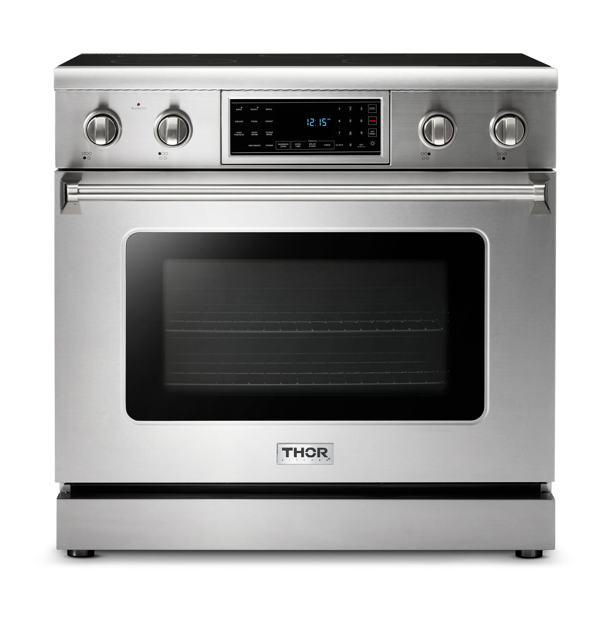 Thor Kitchen 5-Piece Appliance Package - 36-Inch Electric Range with Tilt Panel, Refrigerator with Water Dispenser, Wall Mount Hood, Dishwasher, & Wine Cooler in Stainless Steel