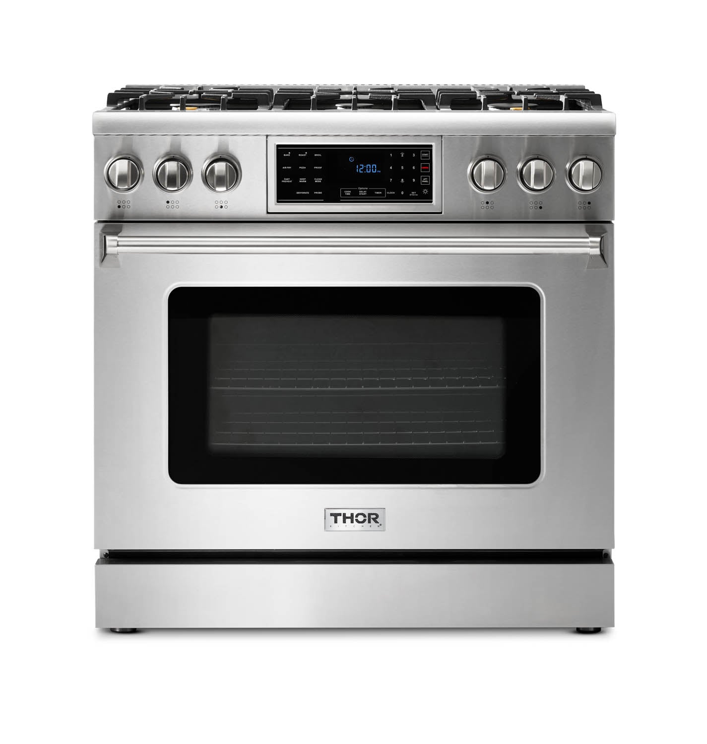Thor Kitchen 5-Piece Appliance Package - 36-Inch Gas Range with Tilt Panel, French Door Refrigerator, Wall Mount Hood, Dishwasher, and Microwave Drawer in Stainless Steel