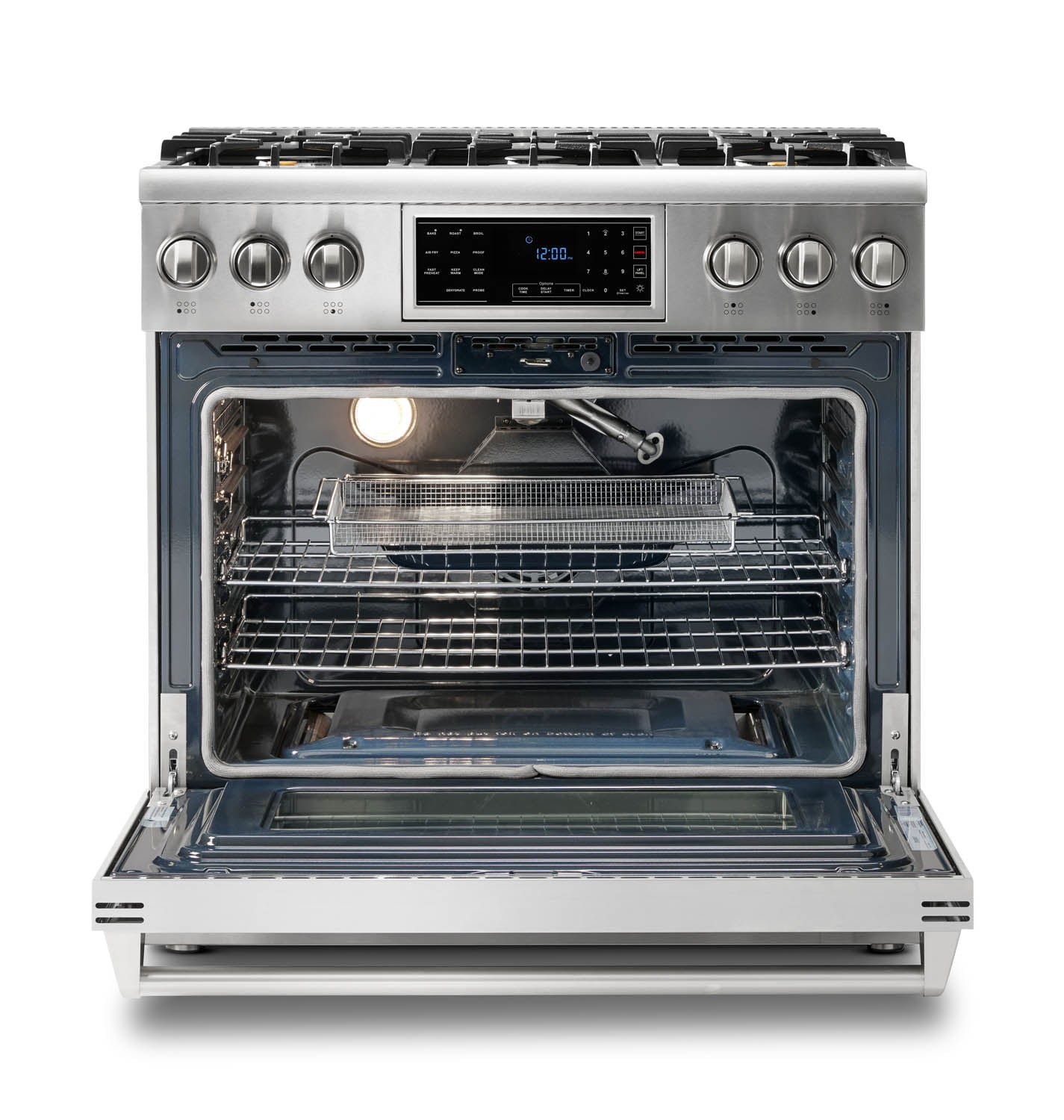 Thor Kitchen 5-Piece Appliance Package - 36-Inch Gas Range with Tilt Panel, French Door Refrigerator, Pro-Style Wall Mount Hood, Dishwasher, and Microwave Drawer in Stainless Steel