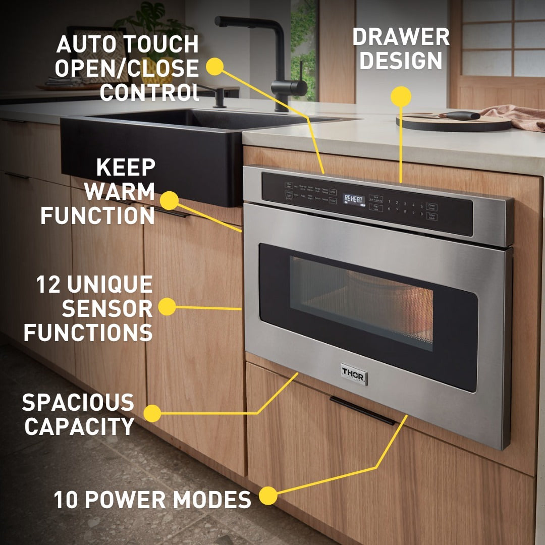 Thor Kitchen 6-Piece Appliance Package - 36-Inch Electric Range, Wall Mount Range Hood, Refrigerator with Water Dispenser, Dishwasher, Microwave, and Wine Cooler in Stainless Steel