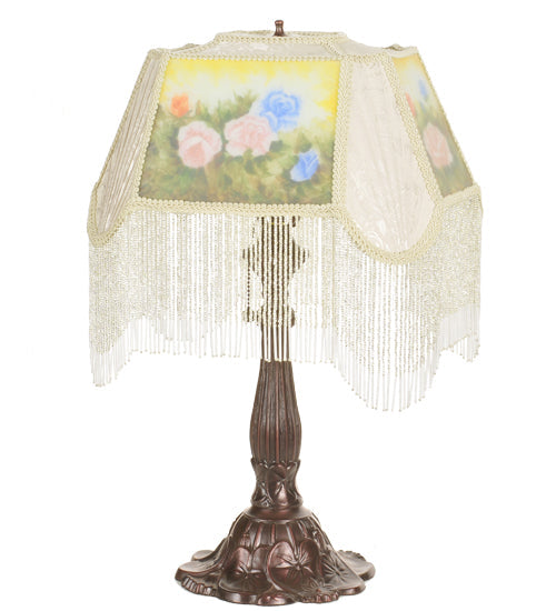 Meyda 24" High Reverse Painted Roses Fabric with Fringe Accent Lamp 20286