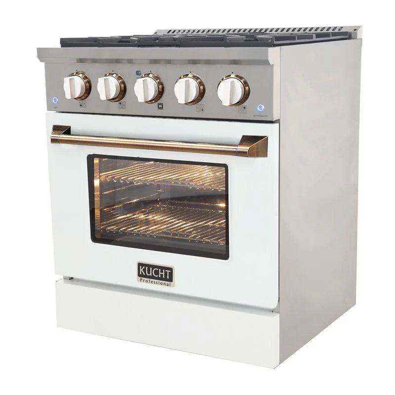 Kucht Signature 30-Inch Gas Range with Convection Oven in White with White Knobs & Gold Handle KNG301-W-GOLD