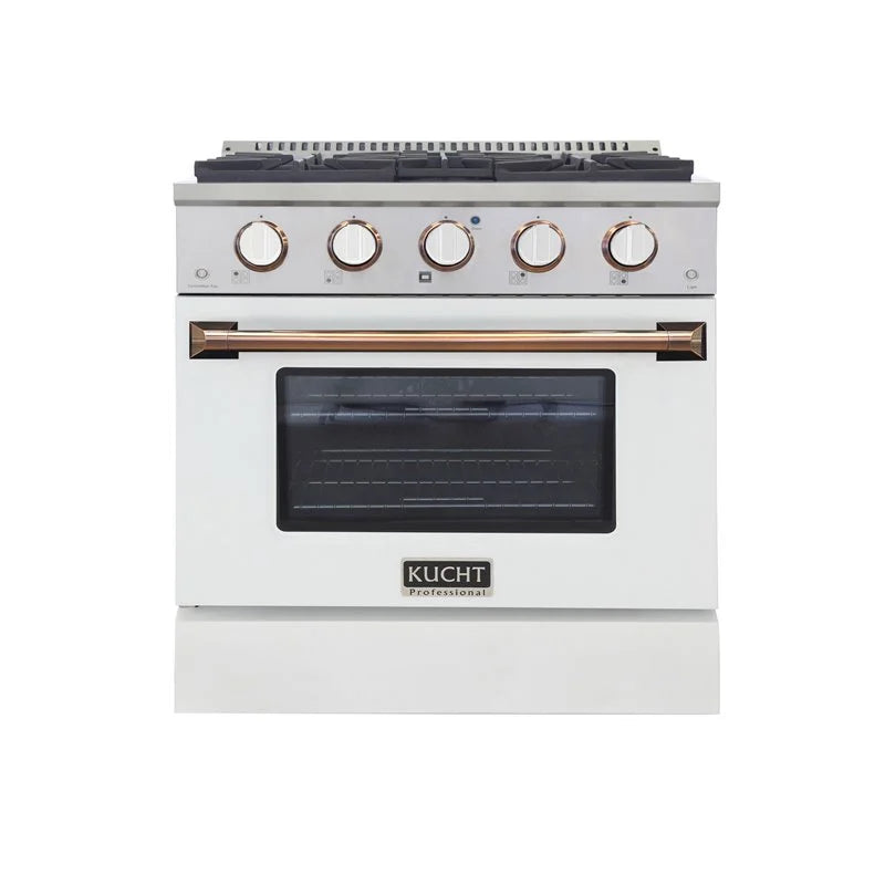 Kucht Signature 30-Inch Gas Range with Convection Oven in White with White Knobs & Gold Handle KNG301-W-GOLD