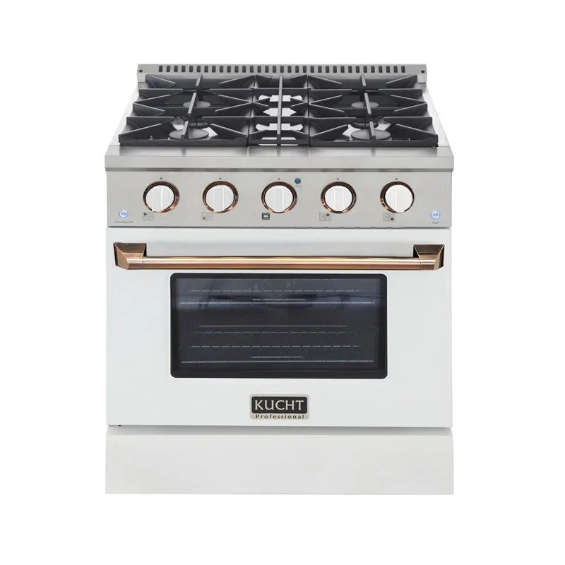 Kucht Signature 30-Inch Gas Range with Convection Oven in White with White Knobs & Gold Handle KNG301-W-GOLD