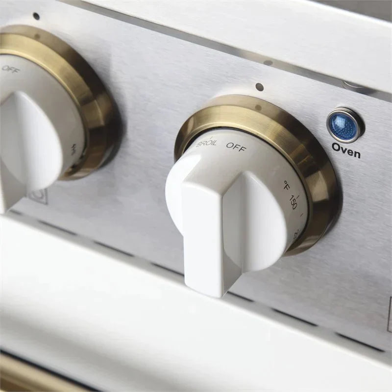 Kucht Signature 30-Inch Gas Range with Convection Oven in White with White Knobs & Gold Handle KNG301-W-GOLD