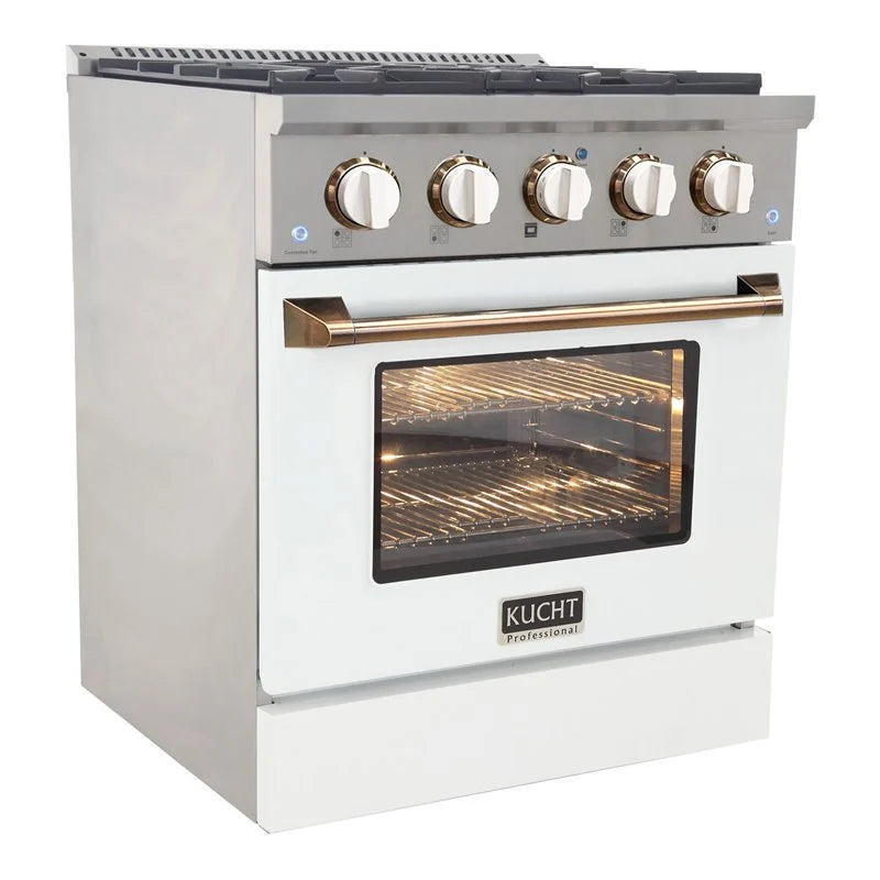 Kucht Signature 30-Inch Gas Range with Convection Oven in White with White Knobs & Gold Handle KNG301-W-GOLD